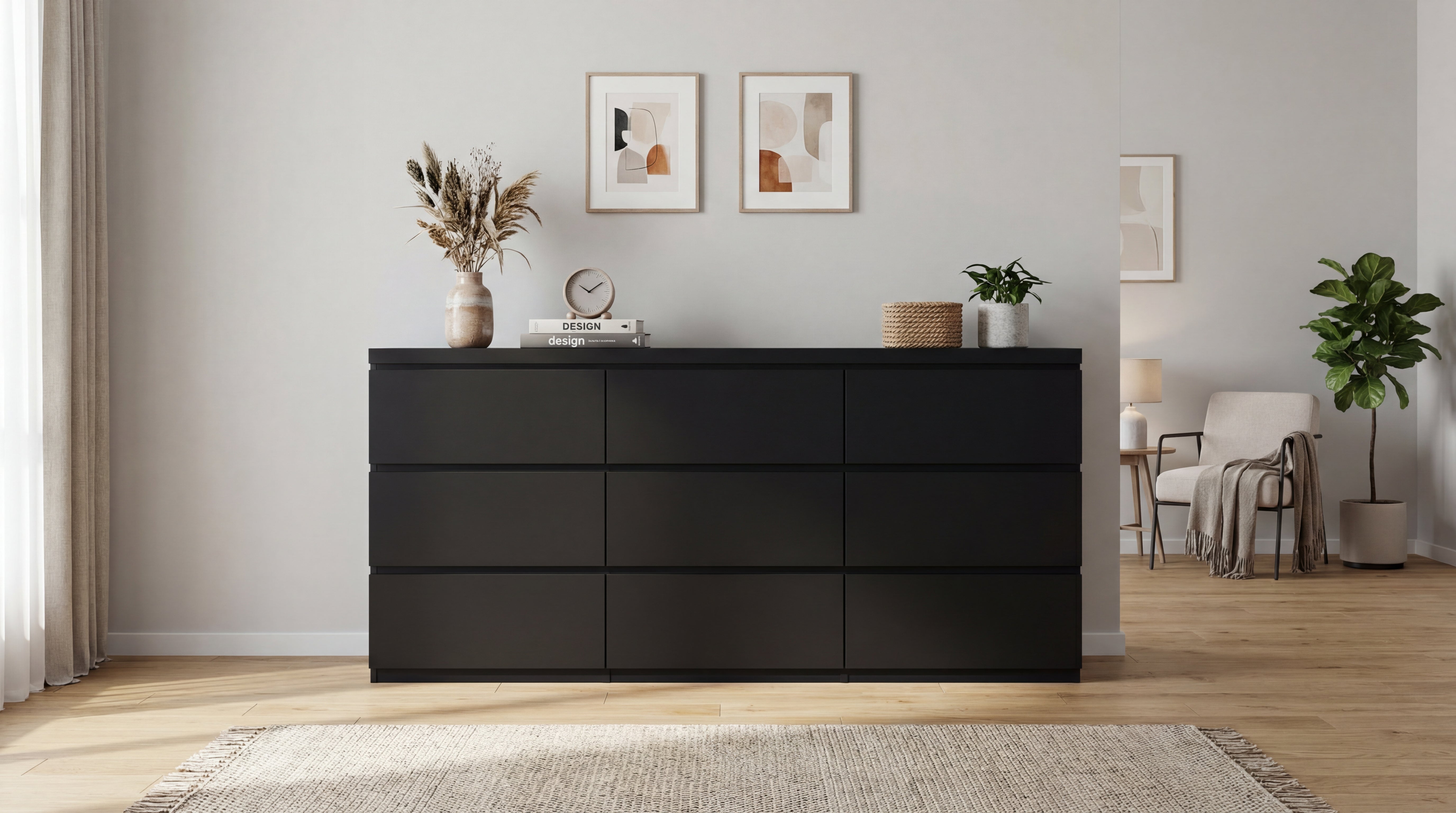 Modern black chest of drawers, handleless design, side view