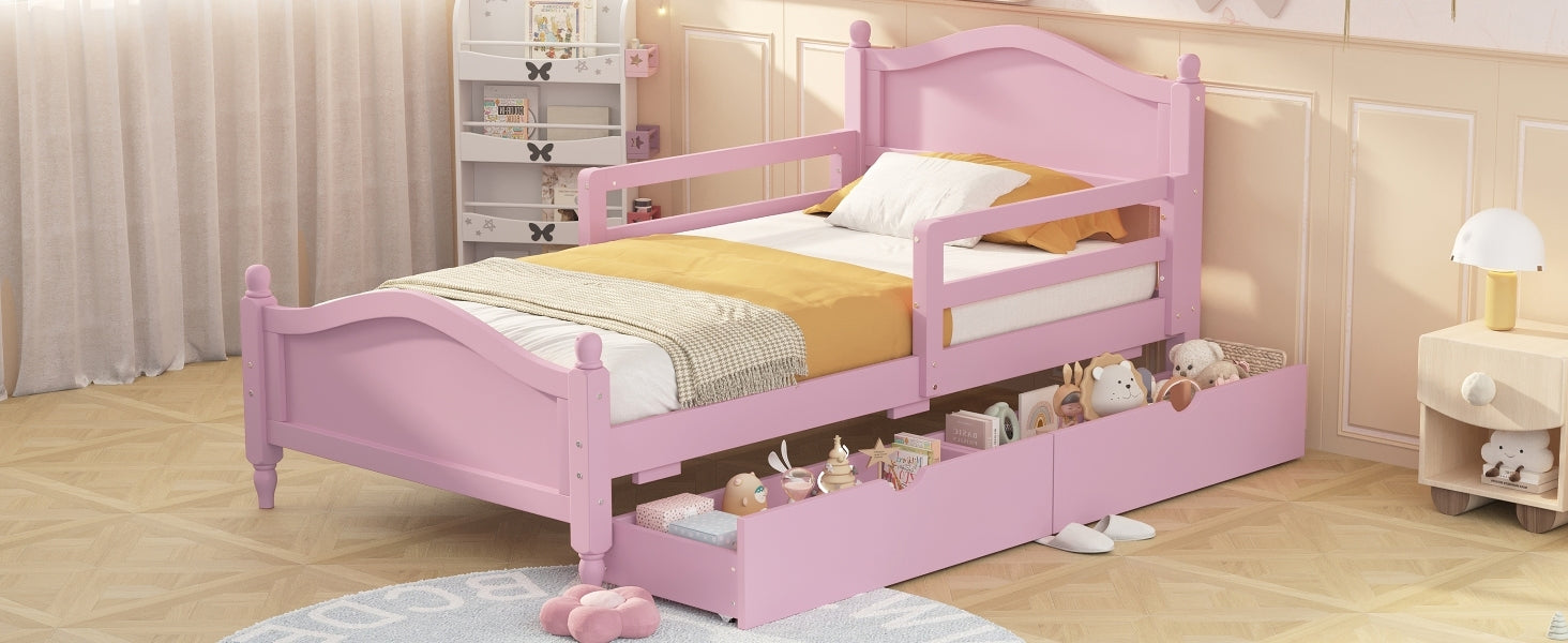 Twin Size Wood Platform Bed with Guardrails on Both Sides and Two Storage Drawers ,Pink