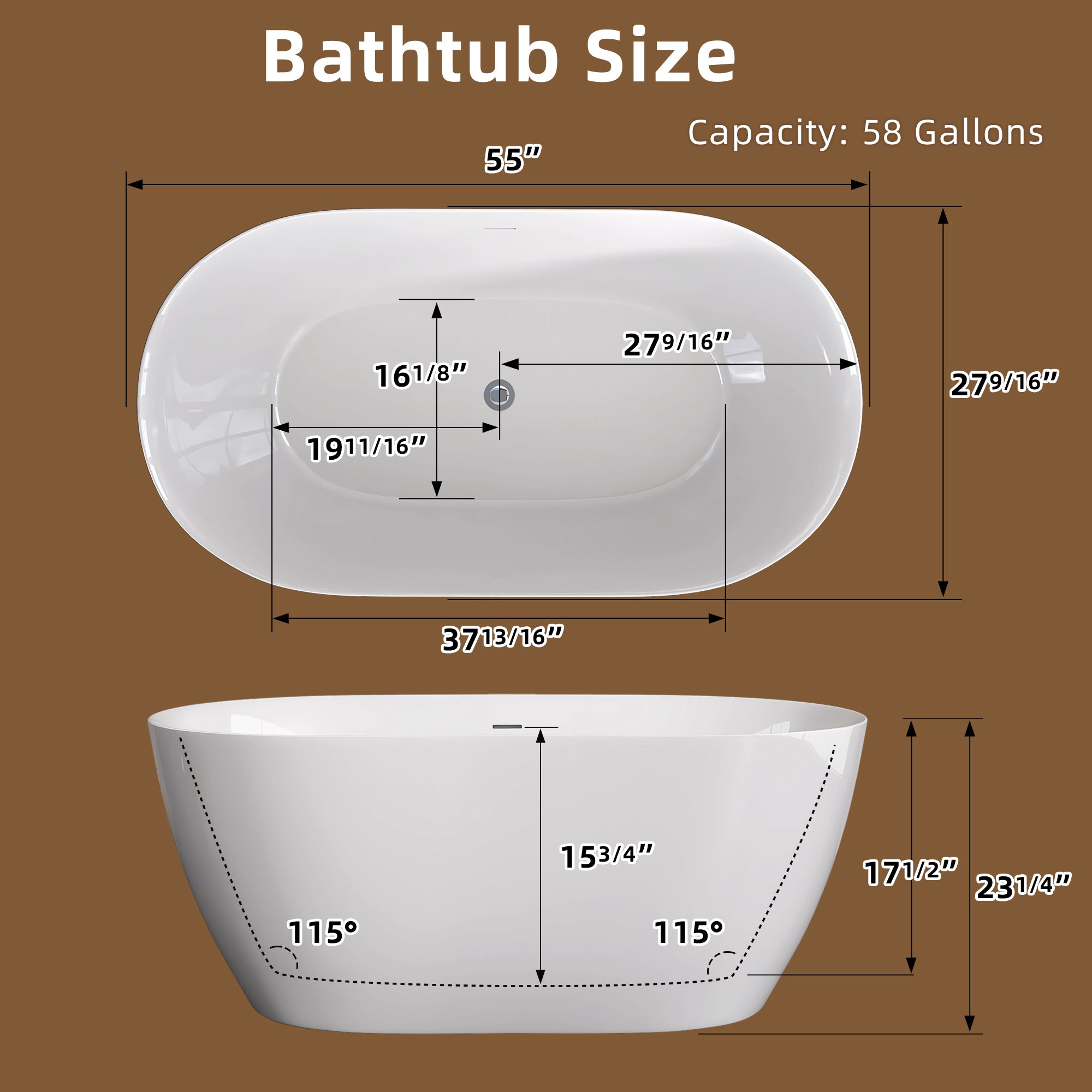 55" Acrylic Freestanding Bathtub Contemporary Soaking White Tub with Overflow and Pop-up Drain Gloss White