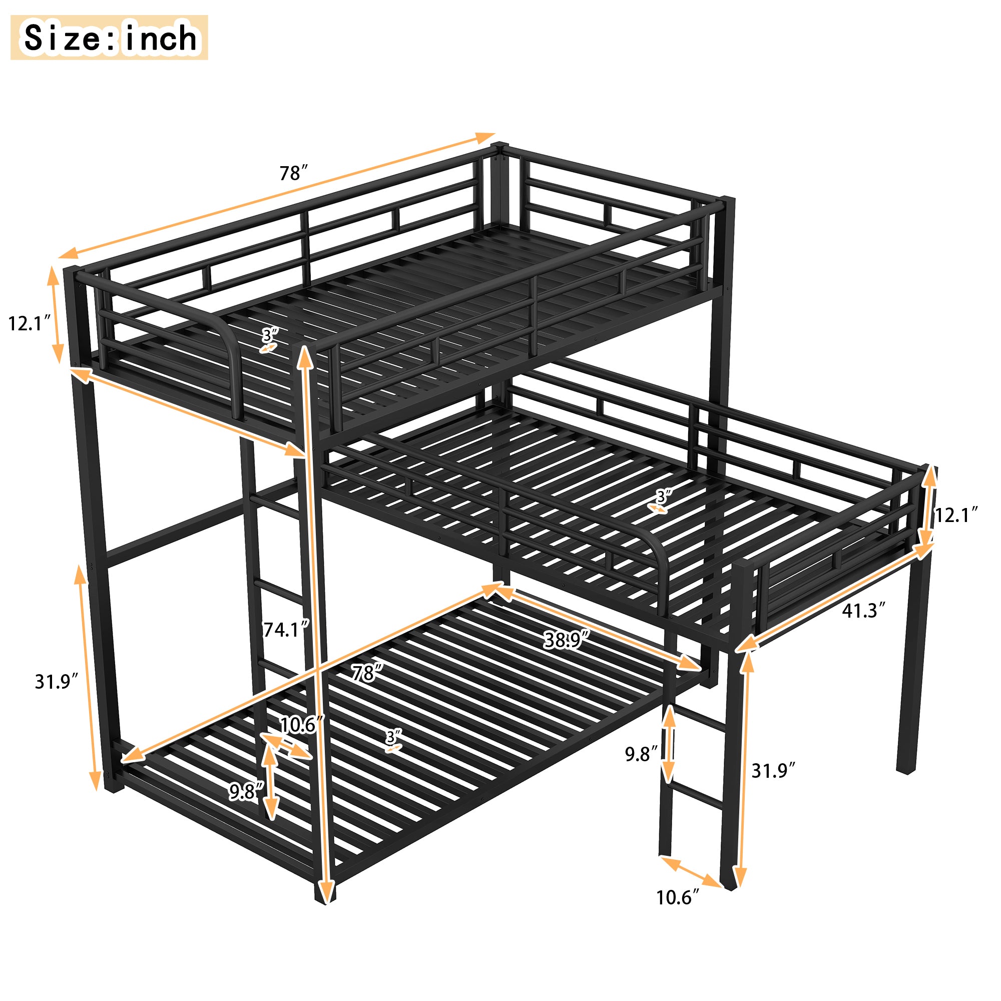 L-shaped Metal Triple Twin Size Bunk Bed, Black(OLD SKU:SM000605AAB)