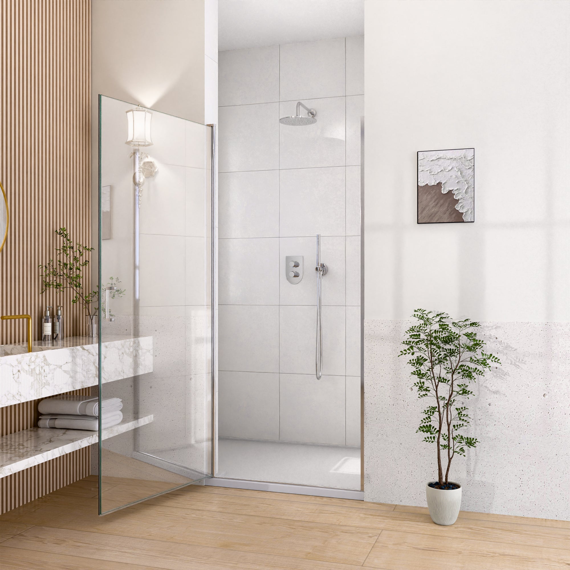 Semi-frameless chrome shower door tempered glass detail