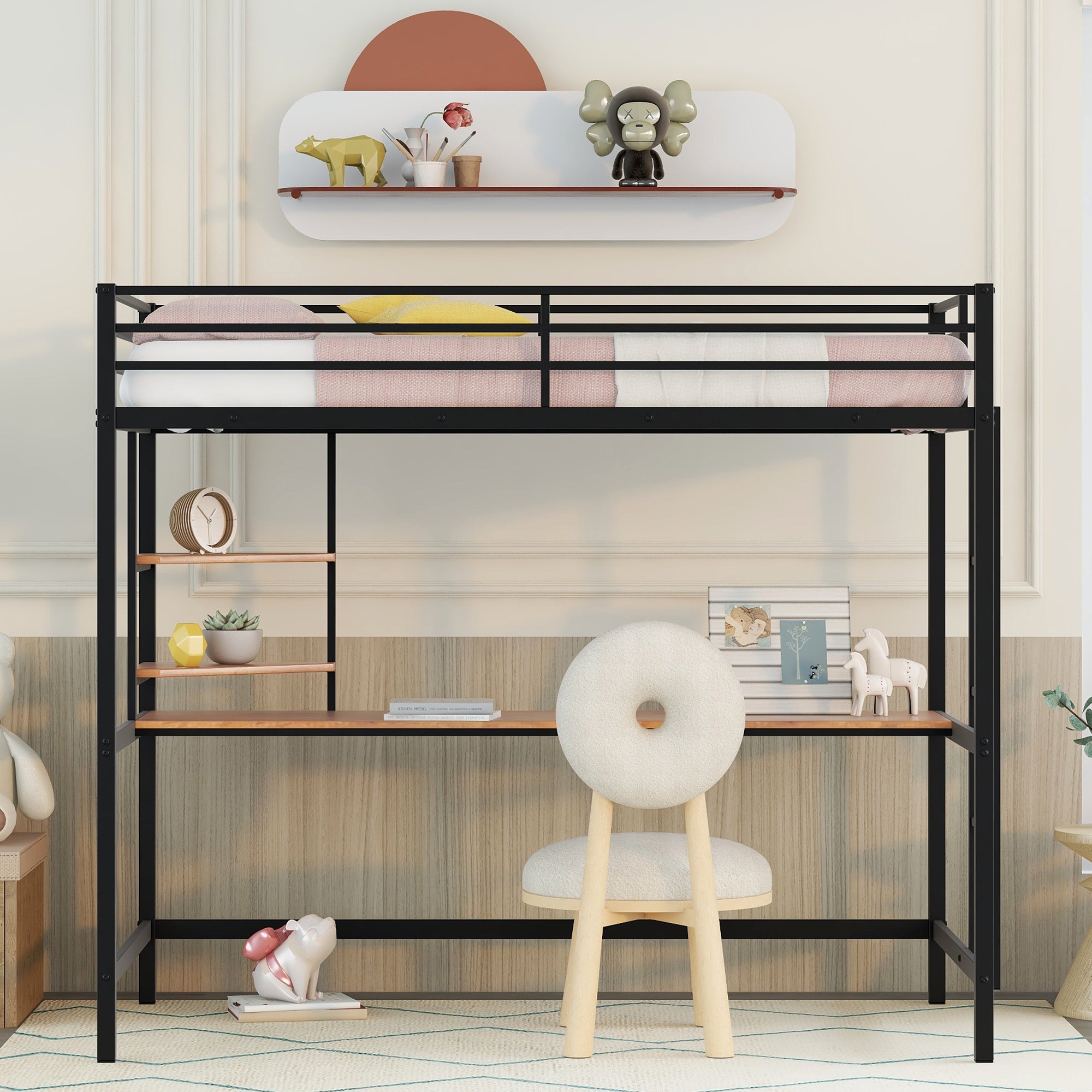 Twin Metal Loft Bed with Desk and Shelve,Black