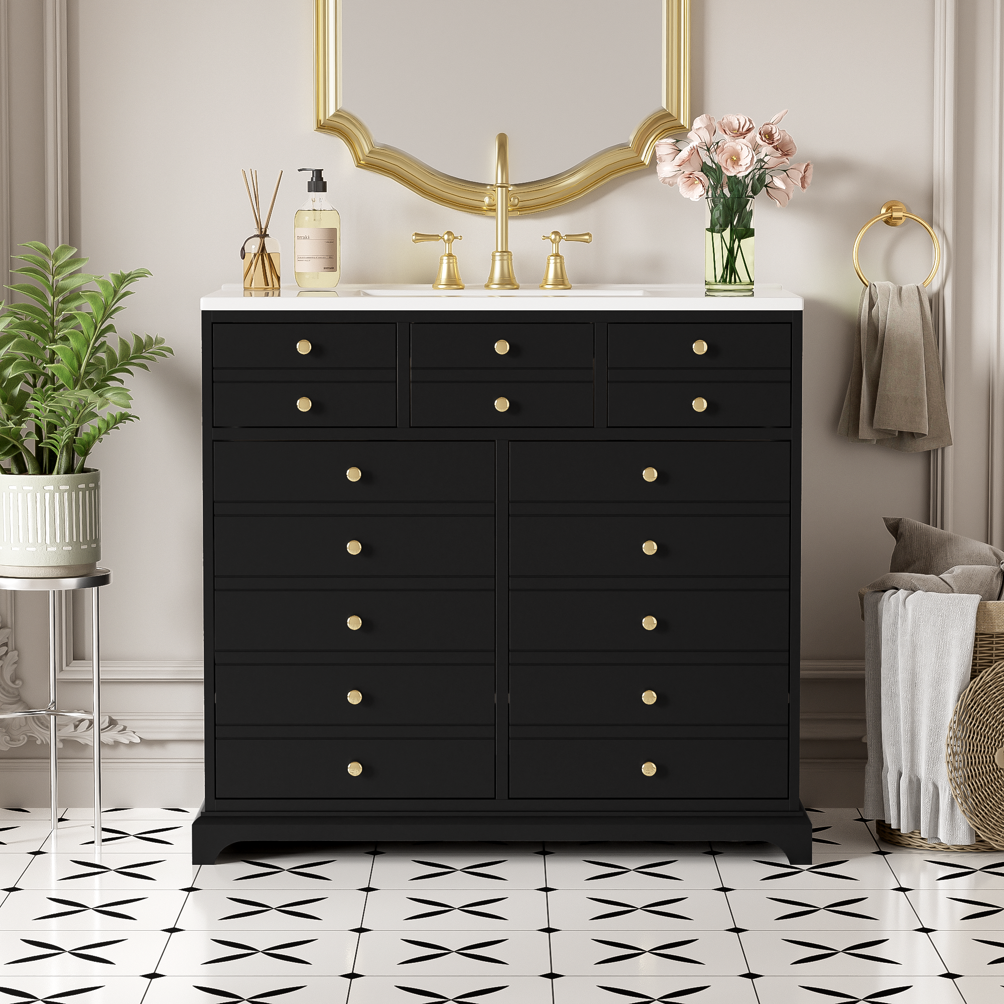 36'' Bathroom Vanity with Ceramic Sink Combo, Solid Wood Frame Bathroom Storage Cabinet, Freestanding Vanity Set with 2 Drawers& Soft Closing Doors, Black