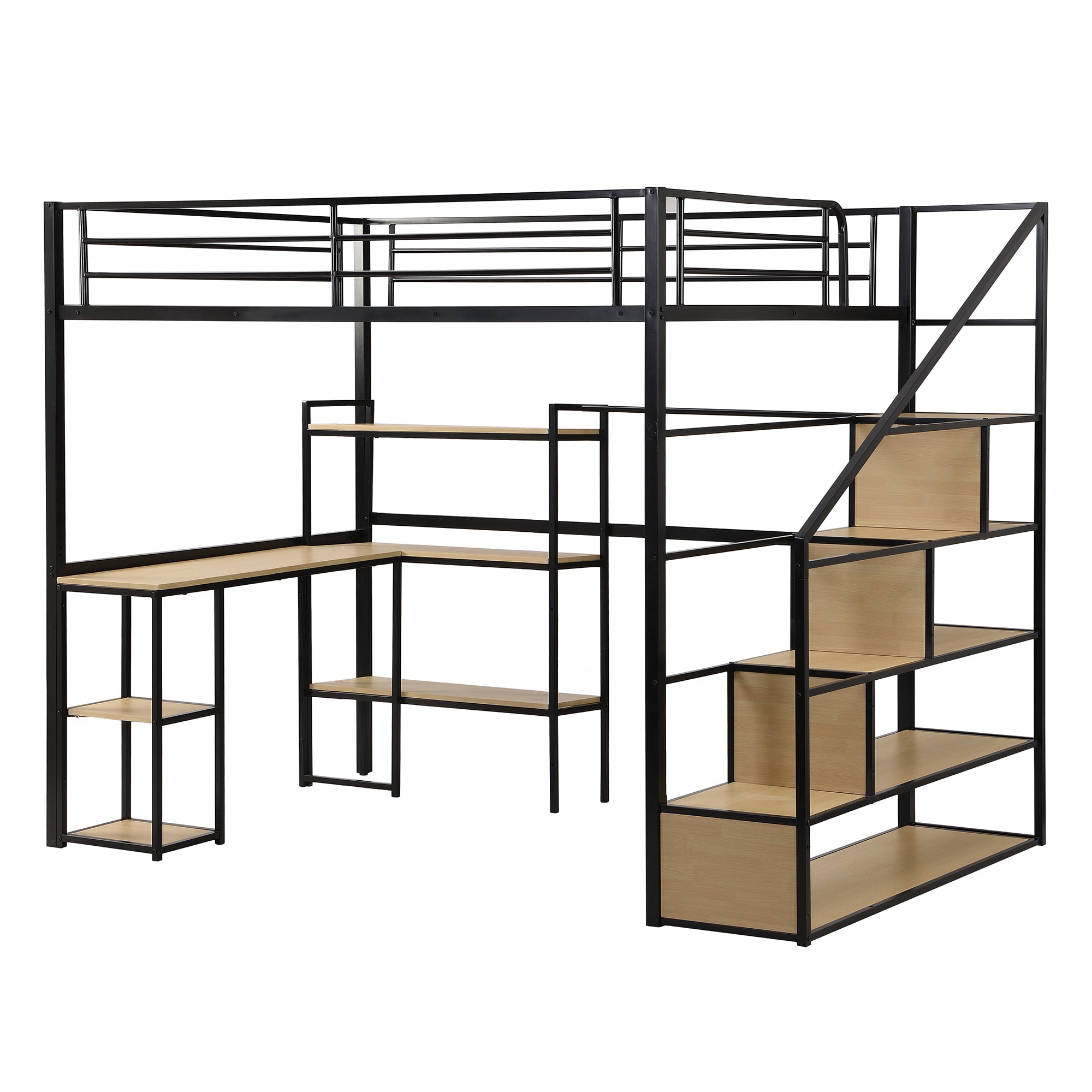 Full Size Metal Loft bed with Staircase, Built-in Desk and Shelves, Black