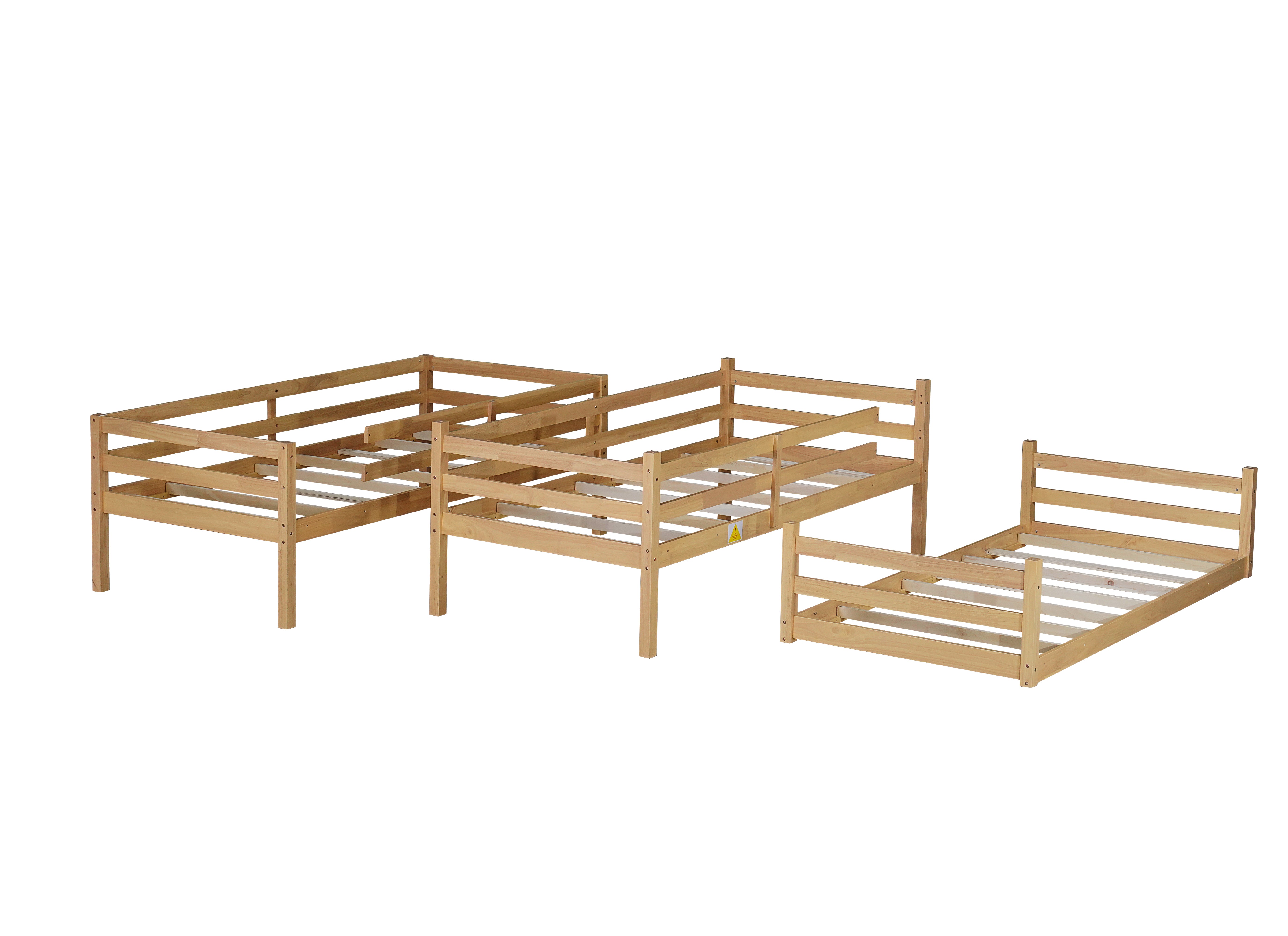 Triple twin natural rubber wood bunk bed shown in bedroom setting