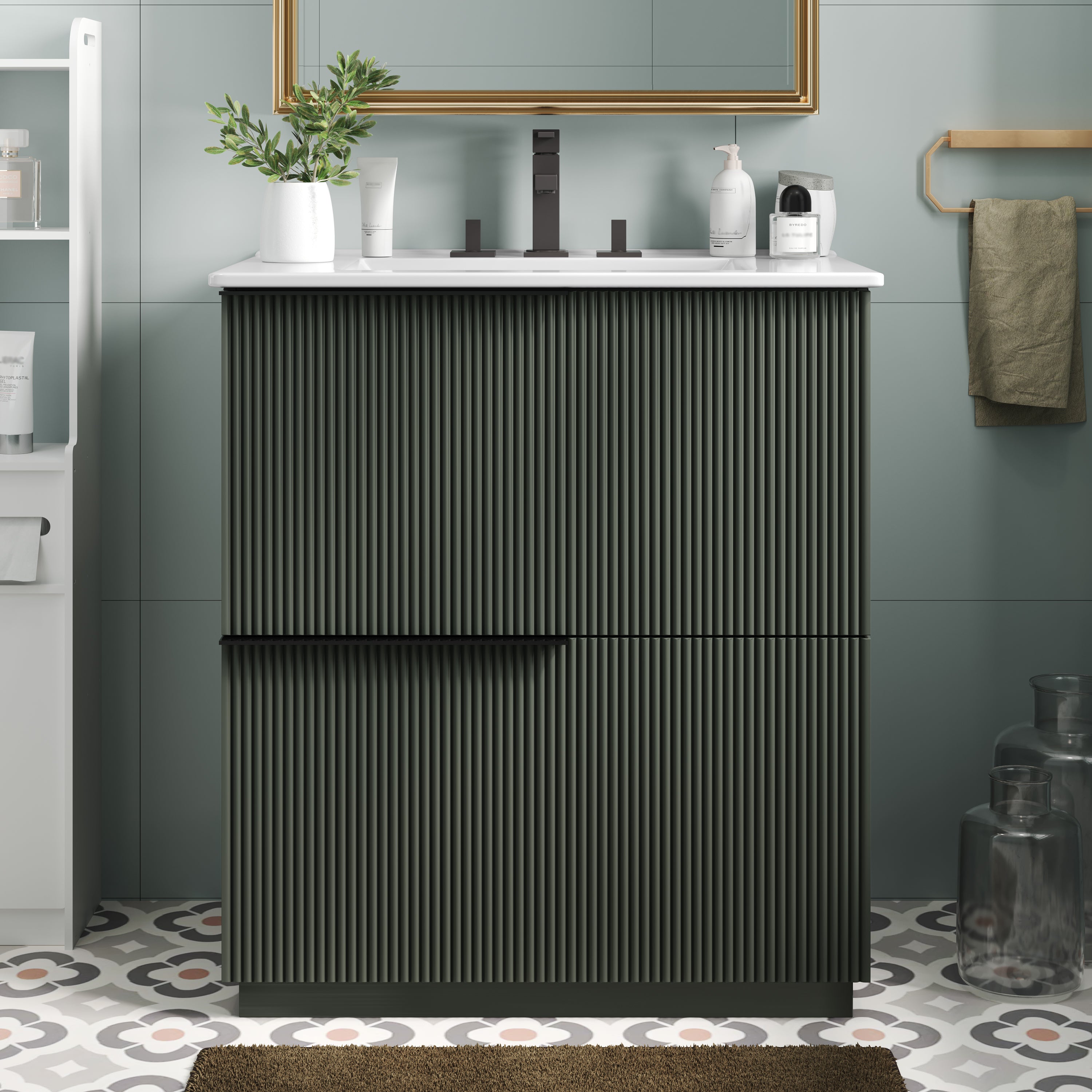30-inch green fluted bathroom vanity with ceramic sink, front view