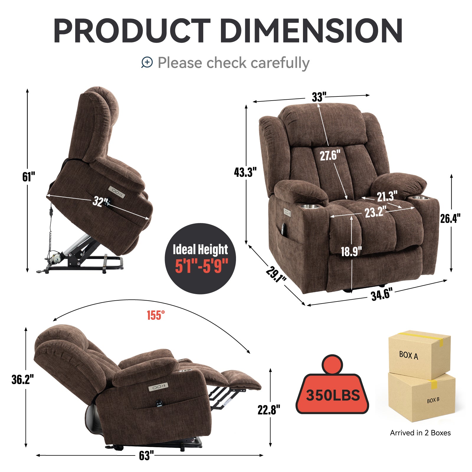 Up to 350 LBS Chenille Power Lift Recliner Chair, Heavy Duty Motion Mechanism with 8-Point Vibration Massage and Lumbar Heating, USB and Type-C Ports, Stainless Steel Cup Holders, Brown