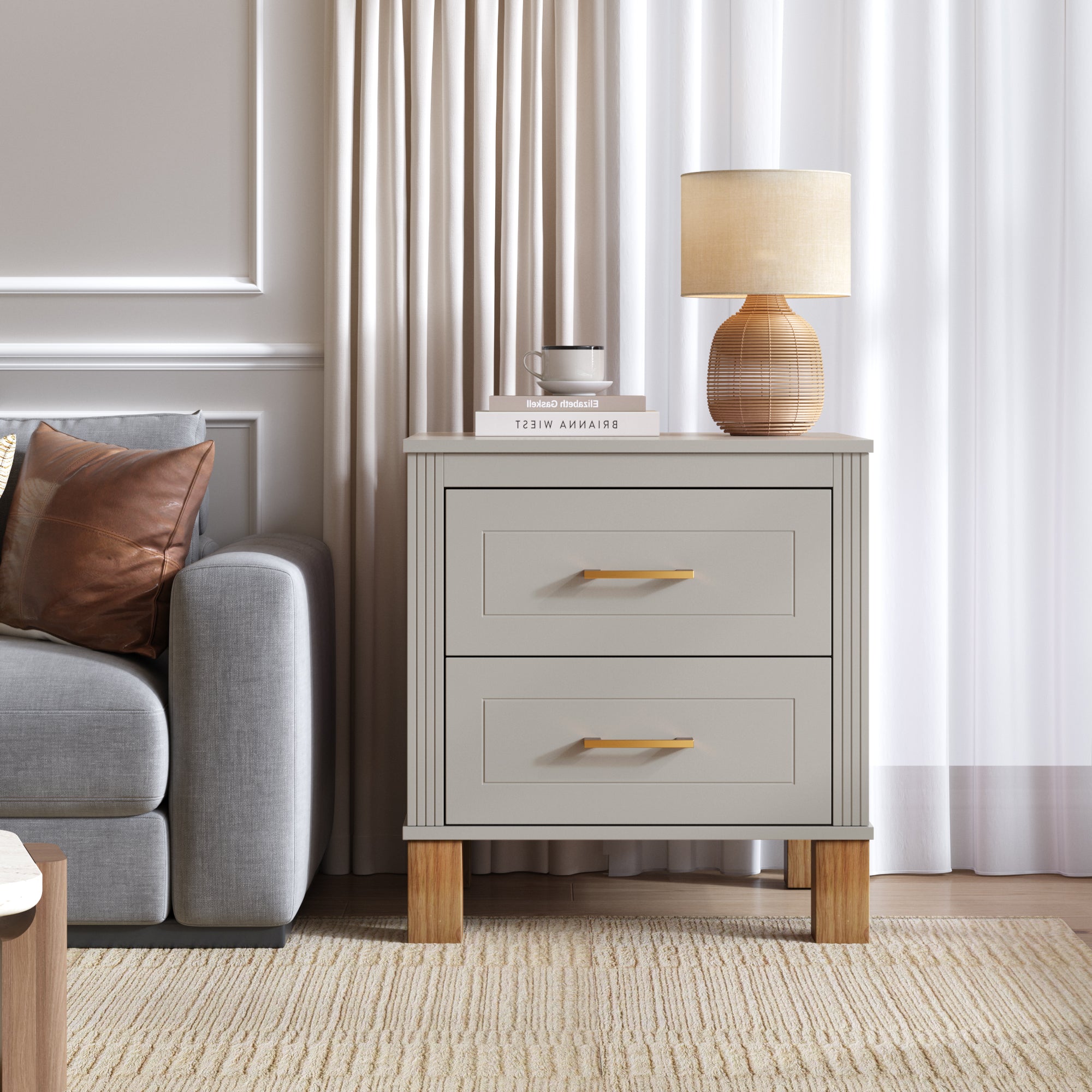 Gray 2-drawer fluted nightstand tall bedside table front view
