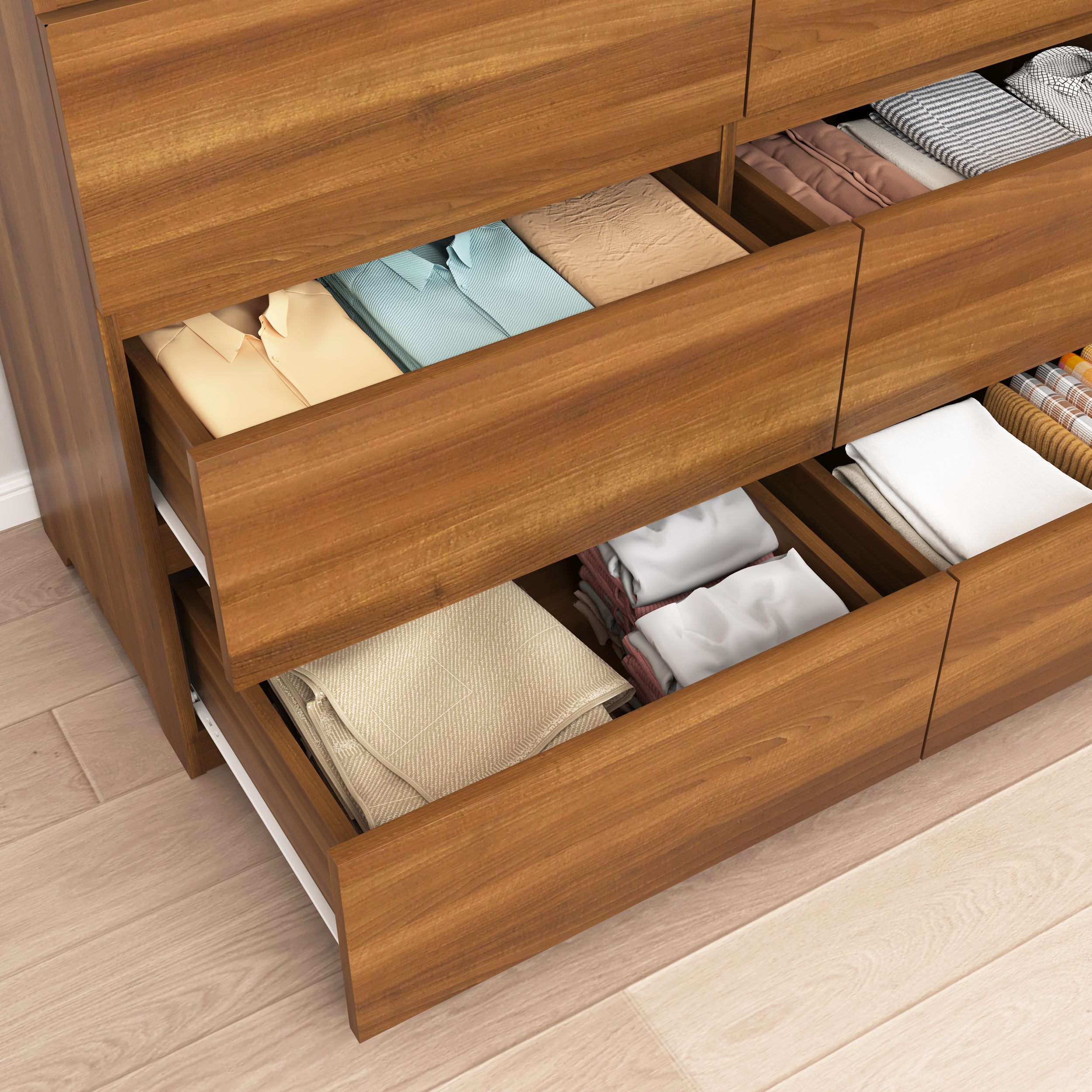 Walnut double dresser drawer storage close-up, detail view