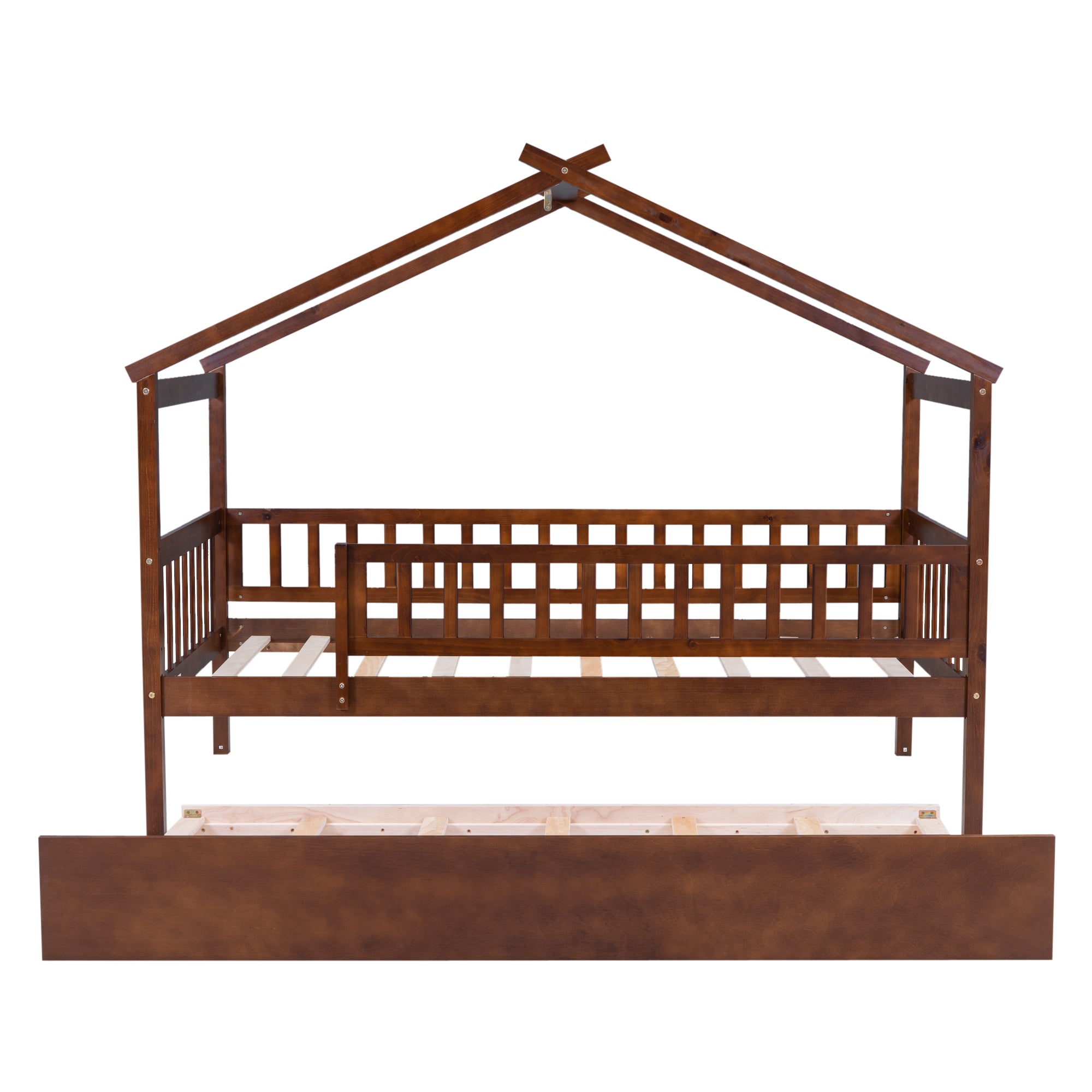 Twin Size Wooden House Bed with Twin Size Trundle, Walnut