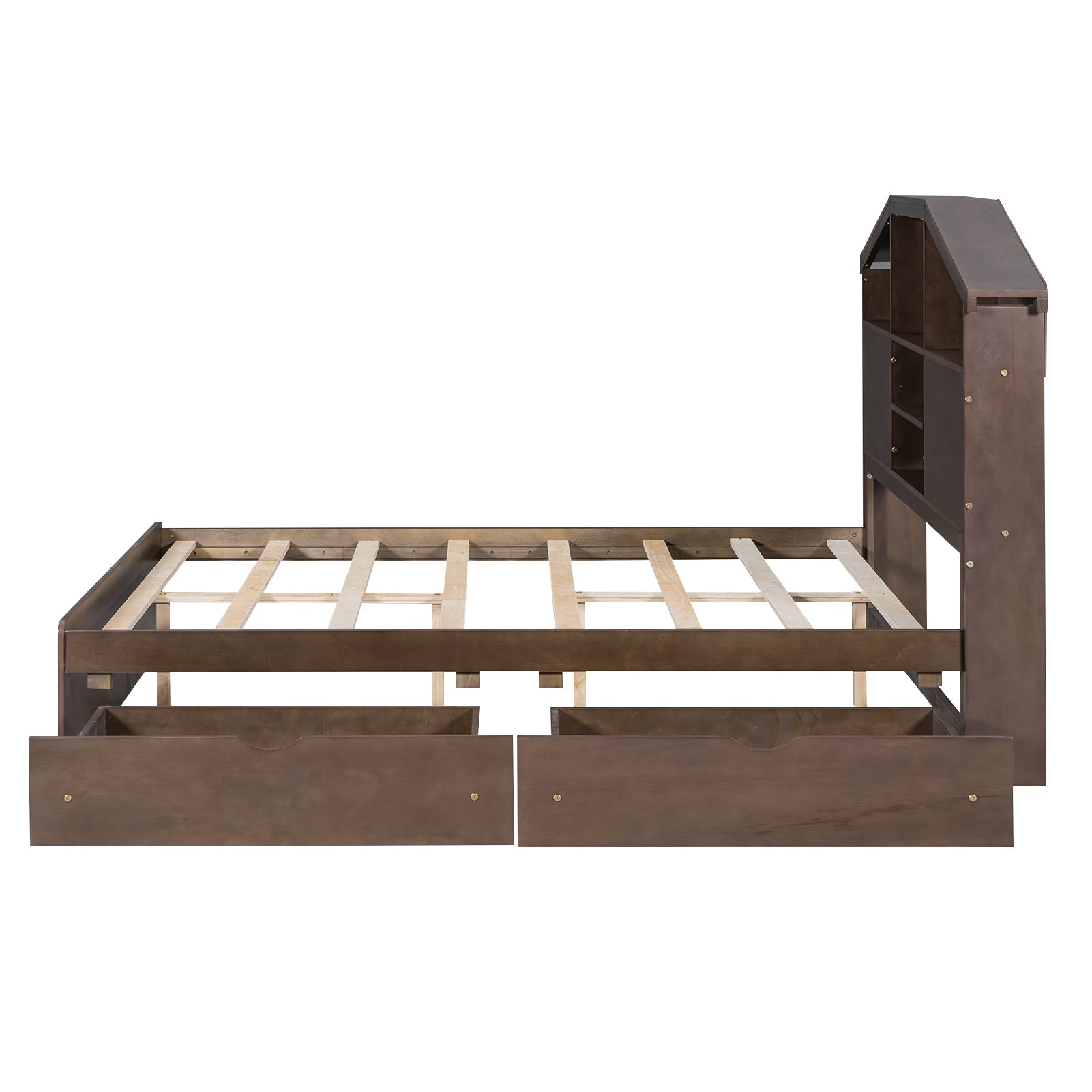 Full Size Wood Platform Bed with House-shaped Storage Headboard and 2 Drawers, Walnut