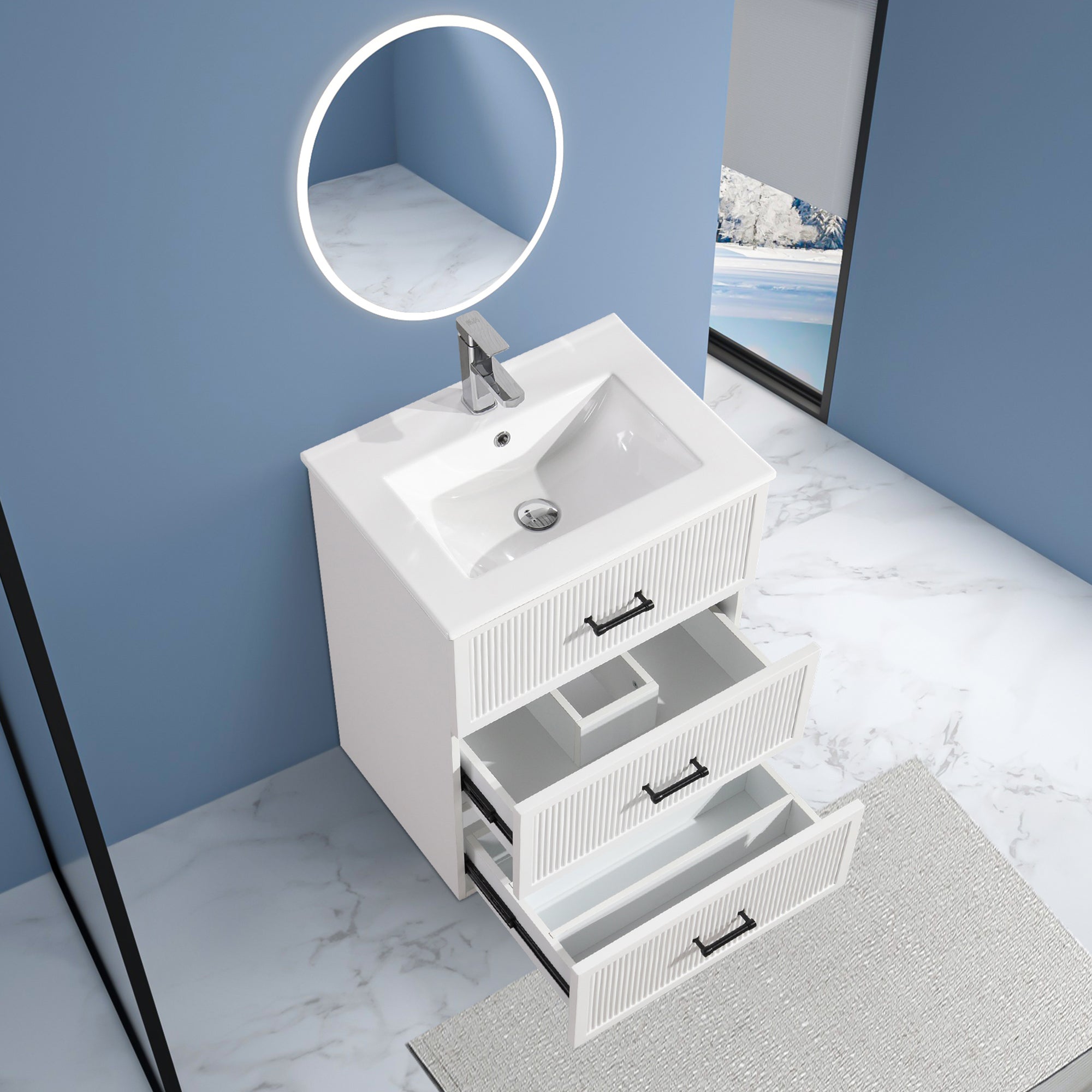 24 Inch Bathroom Vanity with Ceramic Sink Set, Modern Freestanding Bathroom Storage Cabinet with 2 Drawers, Floor Standing Bath Vanity Combo, White