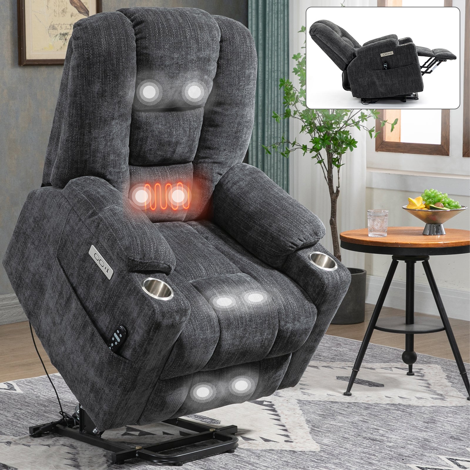 EMON'S Large Power Lift Recliner Chair with Massage and Heat for Elderly, Overstuffed Wide Recliners, Heavy Duty Motion Mechanism with USB and Type C Ports, 2 Steel Cup Holders, Gray