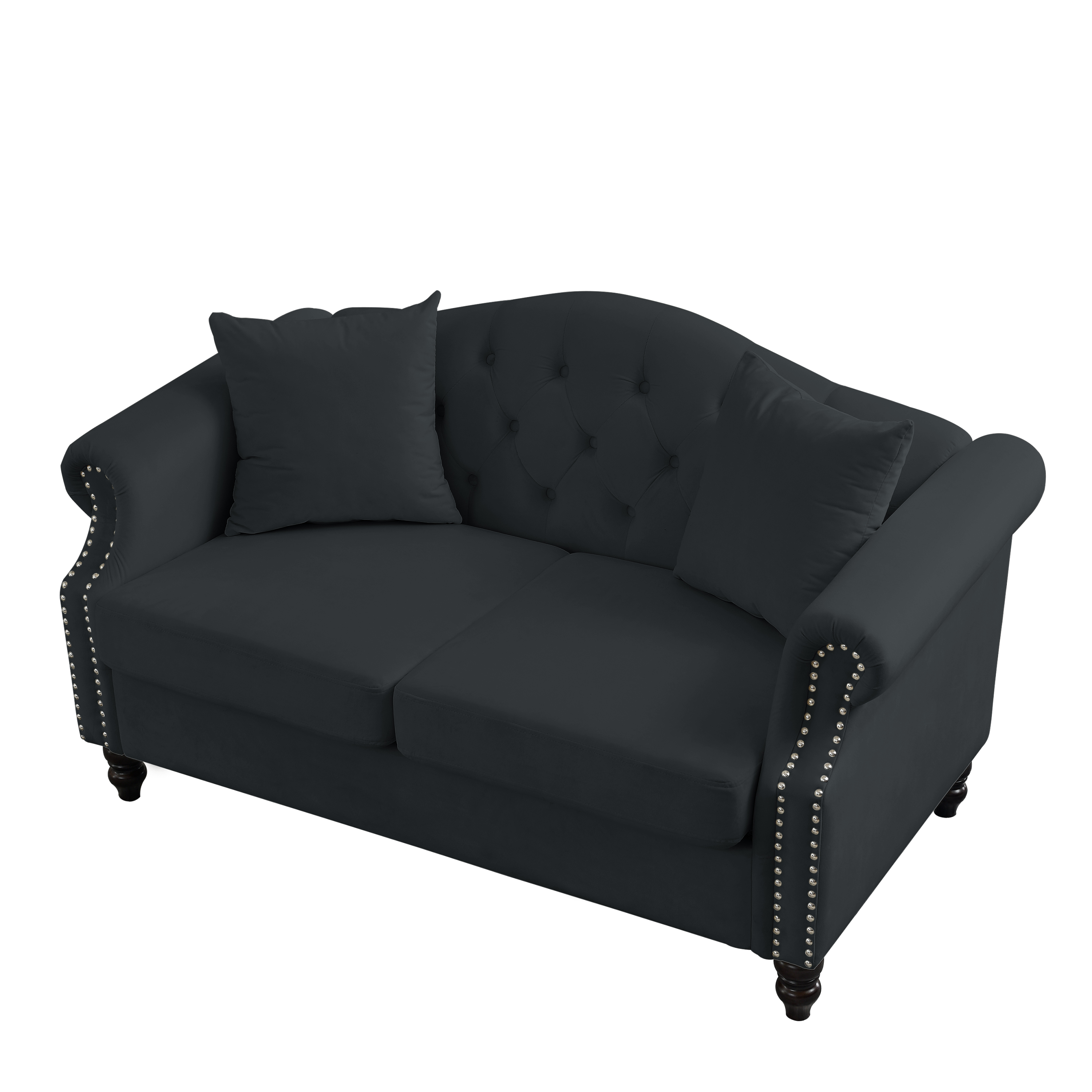 57" Chesterfield Sofa Black Velvet for Living Room, 2 Seater Sofa Tufted Couch with Rolled Arms and Nailhead for Living Room, Bedroom, Office, Apartment, two pillows