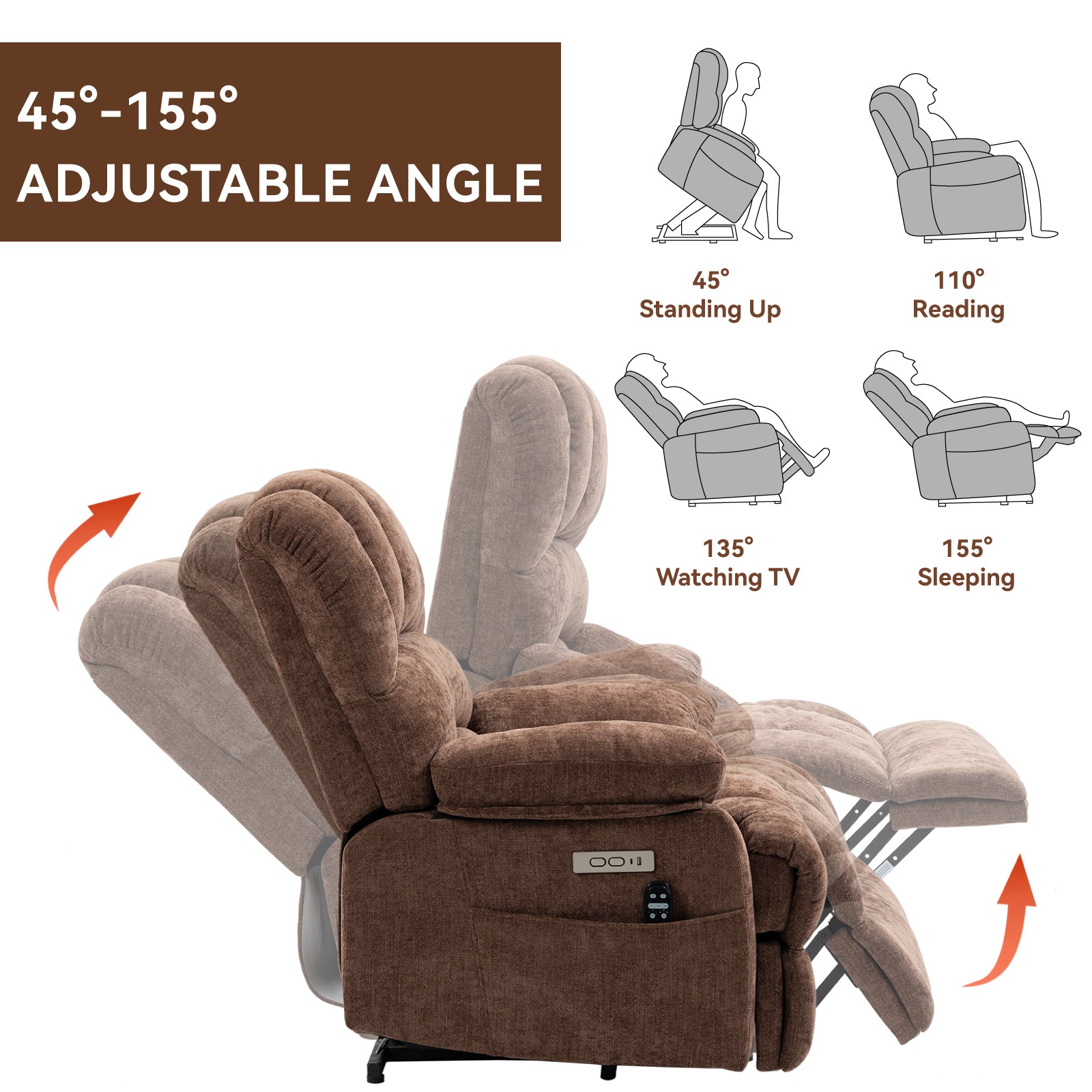 23" Seat Width and High Back Large Size Chenille Power Lift Recliner Chair with 8-Point Vibration Massage and Lumbar Heating, Brown