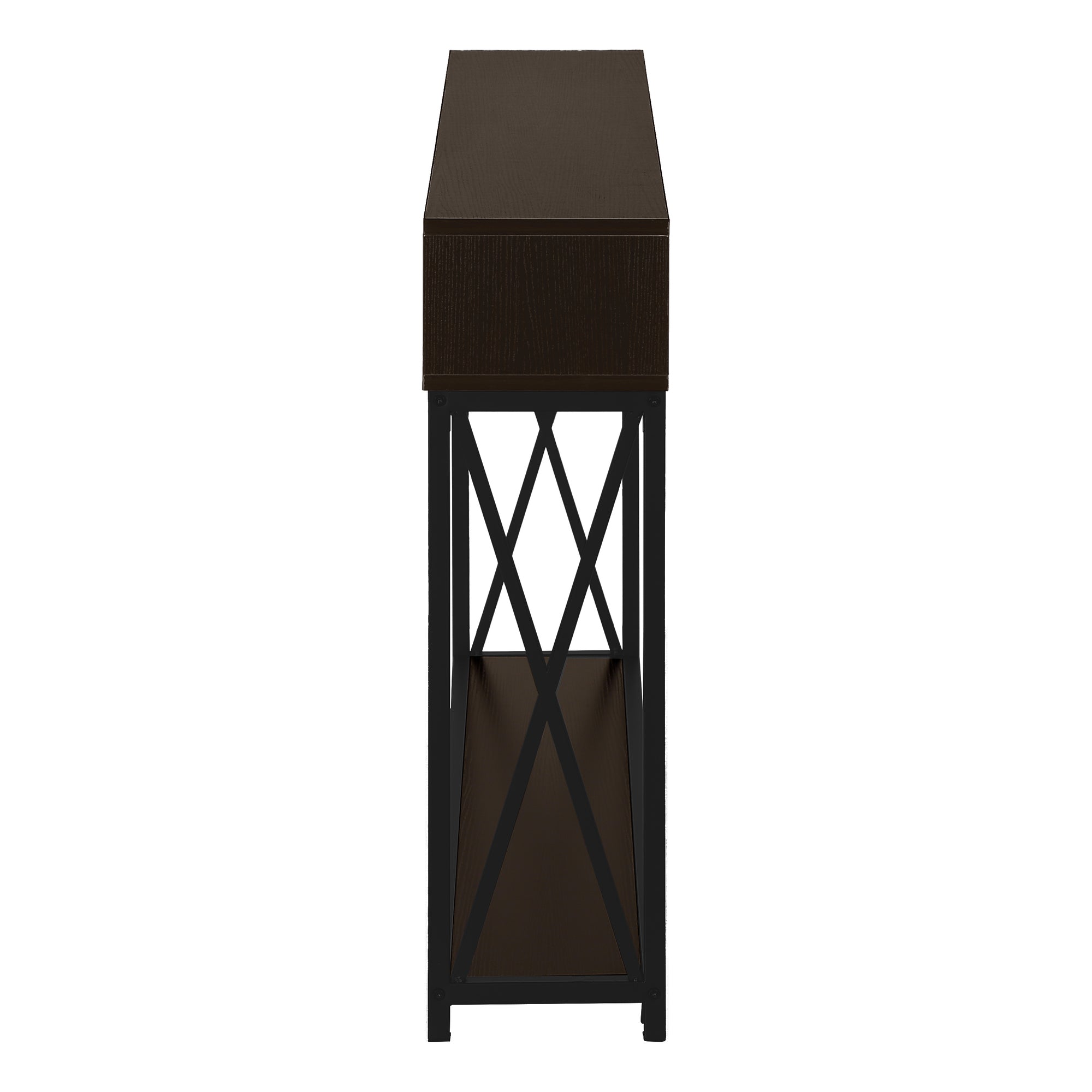 Accent Table, Console, Entryway, Narrow, Sofa, Living Room, Bedroom, Brown Laminate, Black Metal, Contemporary, Modern