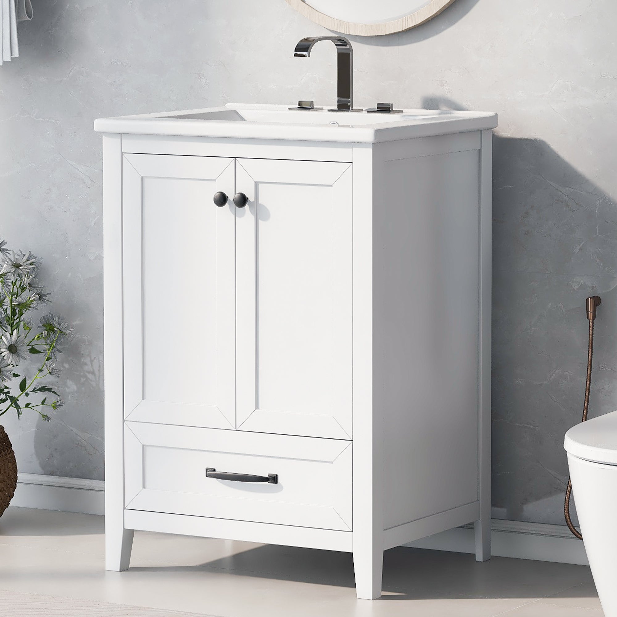 24" Bathroom Vanity with Sink, Bathroom Vanity Cabinet with One Drawer and Doors, Solid Wood and MDF, White