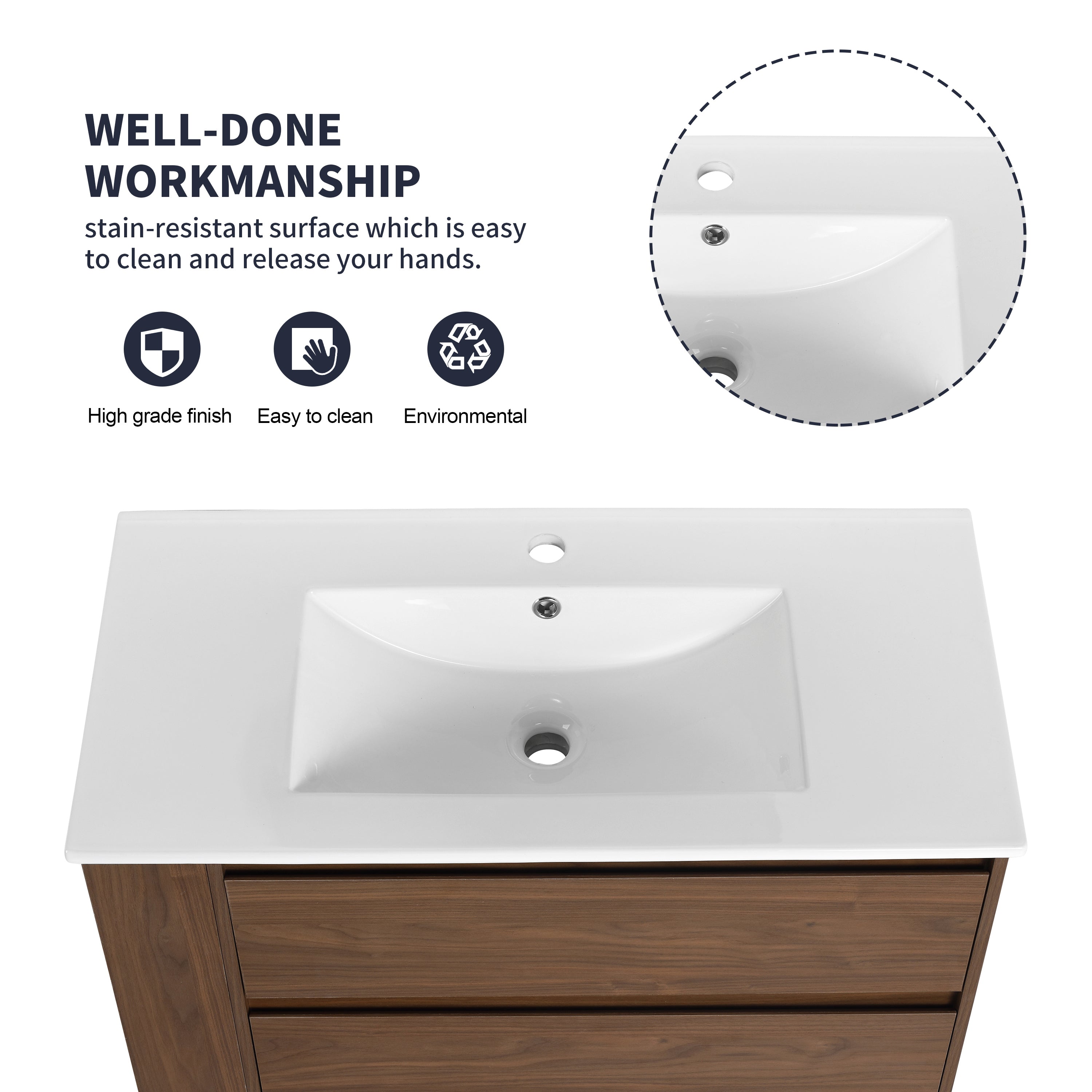 36" Wall Mounting Bathroom Vanity With Ceramic Sink, Soft Close Drawer