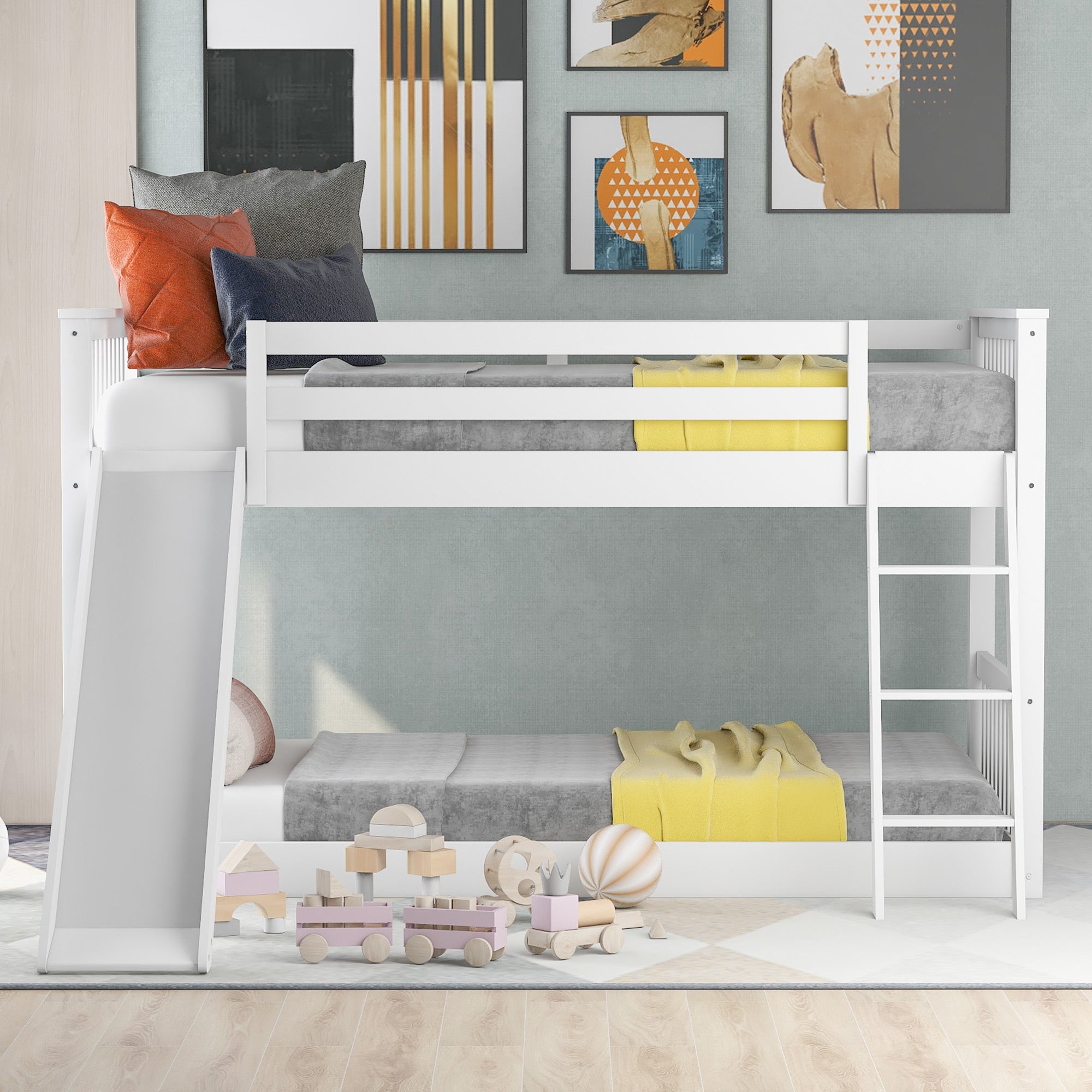 White twin bunk bed with convertible slide, angled side view