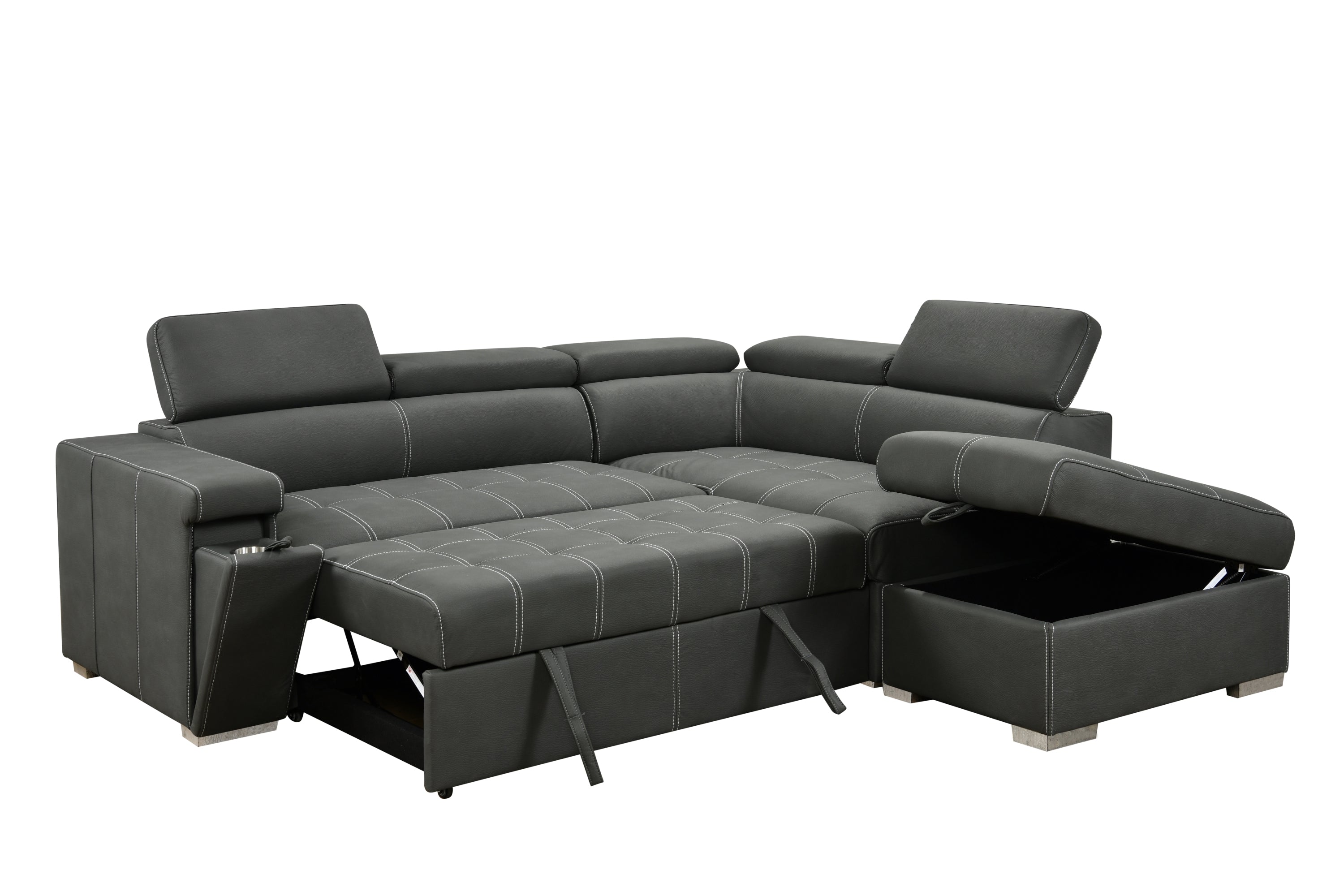 99.5" Modern 2 in 1 Convertible Sofa Bed with Pull-Out Bed and Chaise Lounge with Adjustable Headrest, L Shaped Couches for Living Room Apartment w/Storage Ottoman, and Cup Holder, Dark Grey