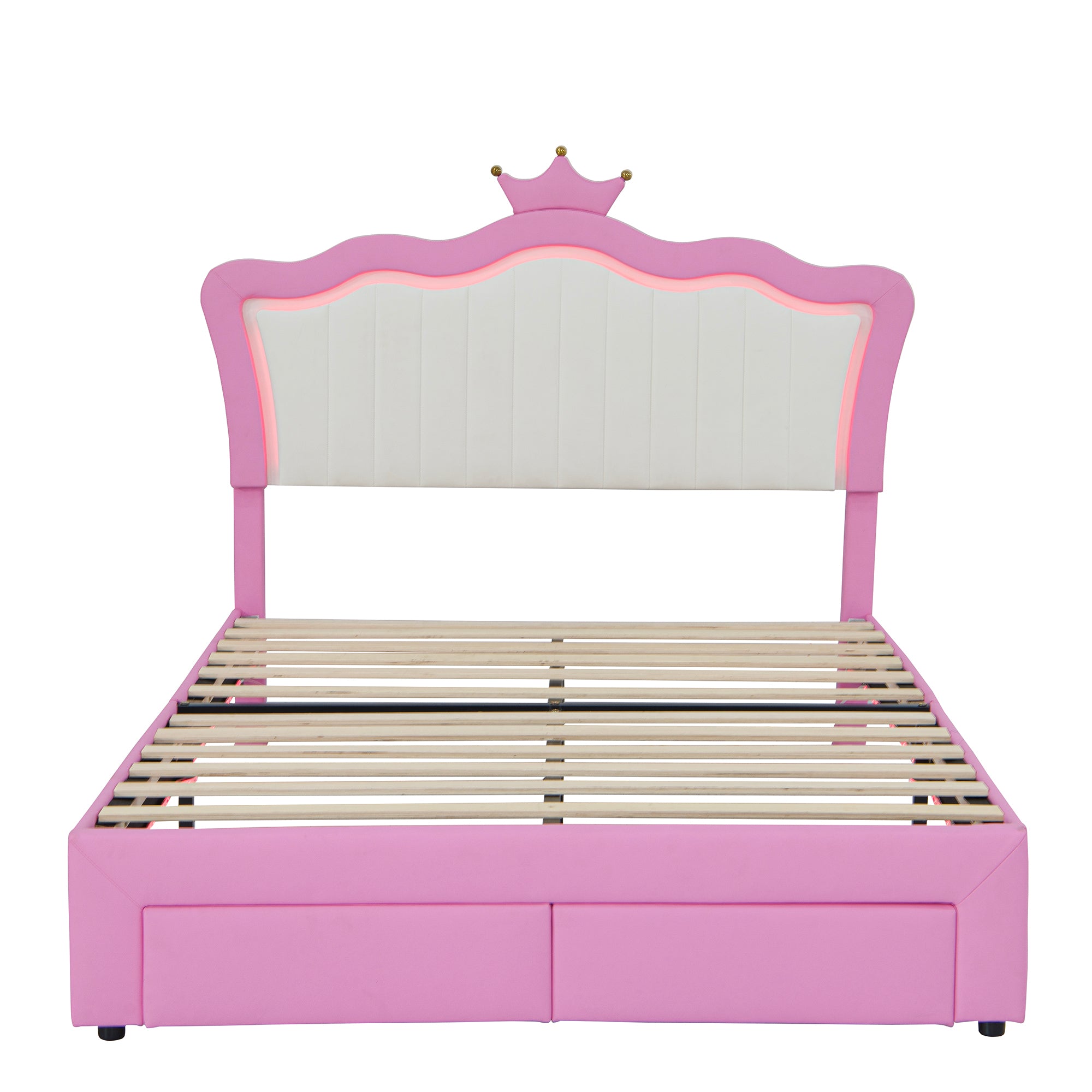 Full Size Upholstered Bed Frame with LED Lights, Modern Upholstered Princess Bed with Crown Headboard, 2 Drawers, Pink+White