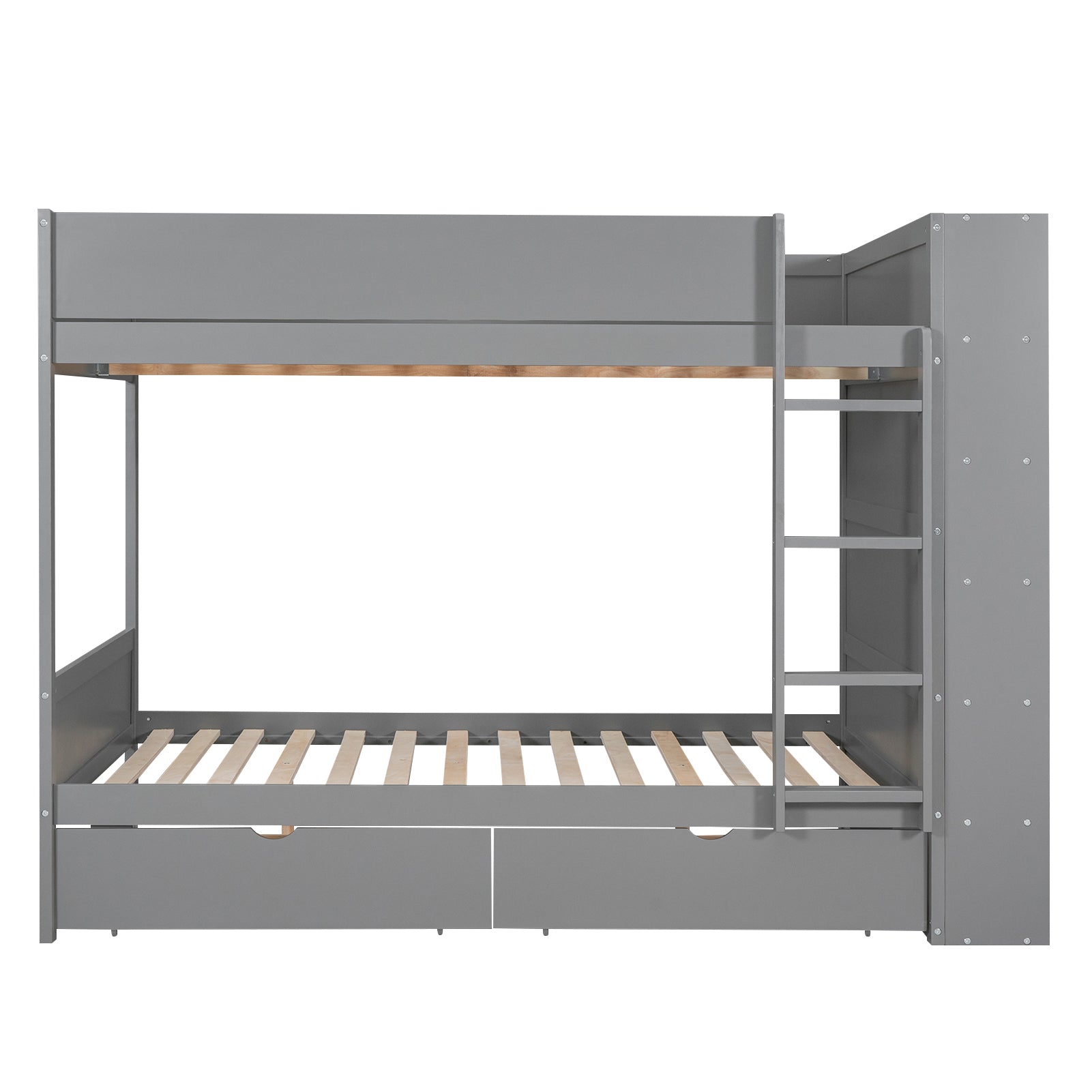 Full over Full Bunk Bed With 2 Drawers and Multi-layer Cabinet, Gray