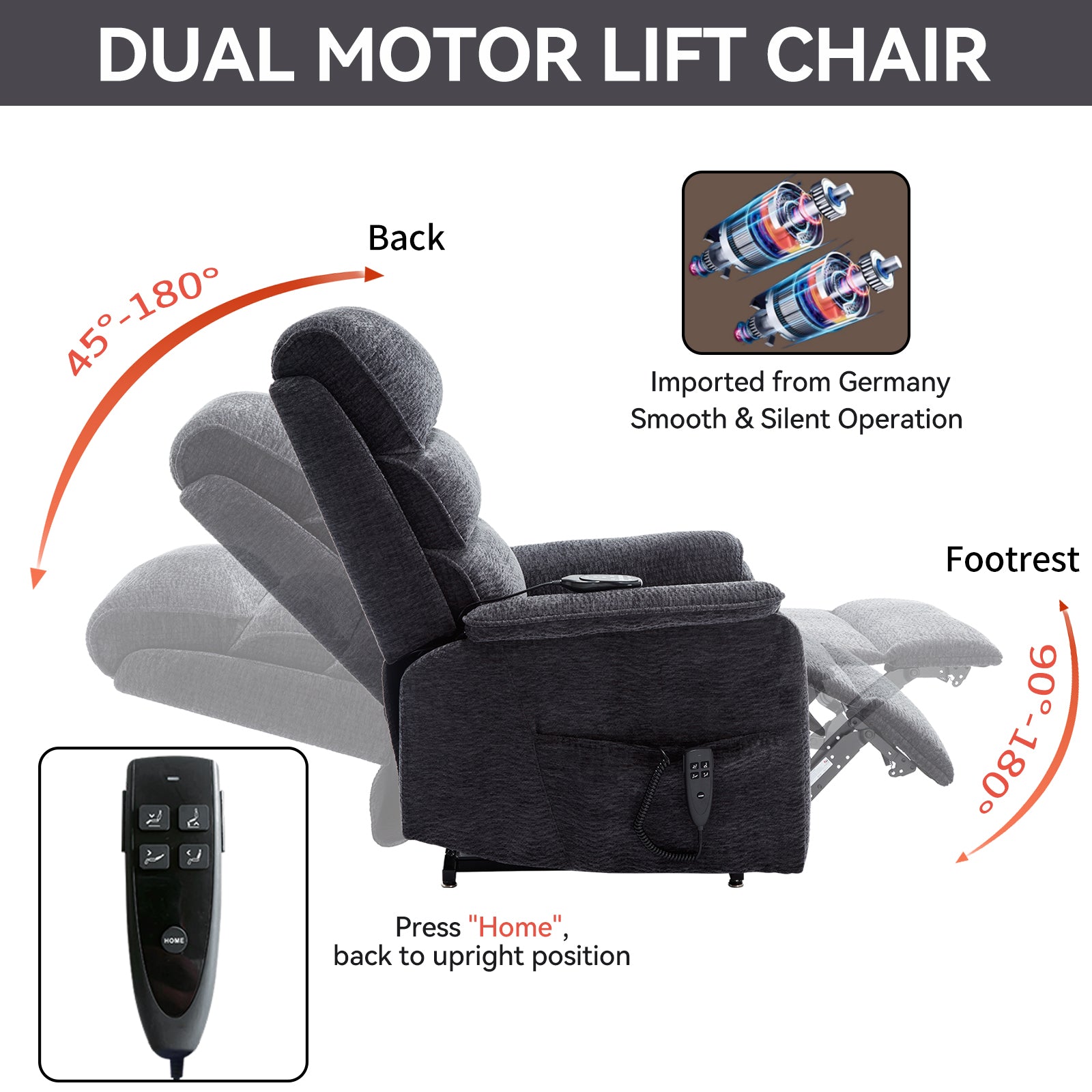 Grey Chenille Dual Motor Infinite Position Up to 350 LBS Power Lift Recliner Chair with Power-Remote, Heat Massage and Heavy Duty Motion Mechanism