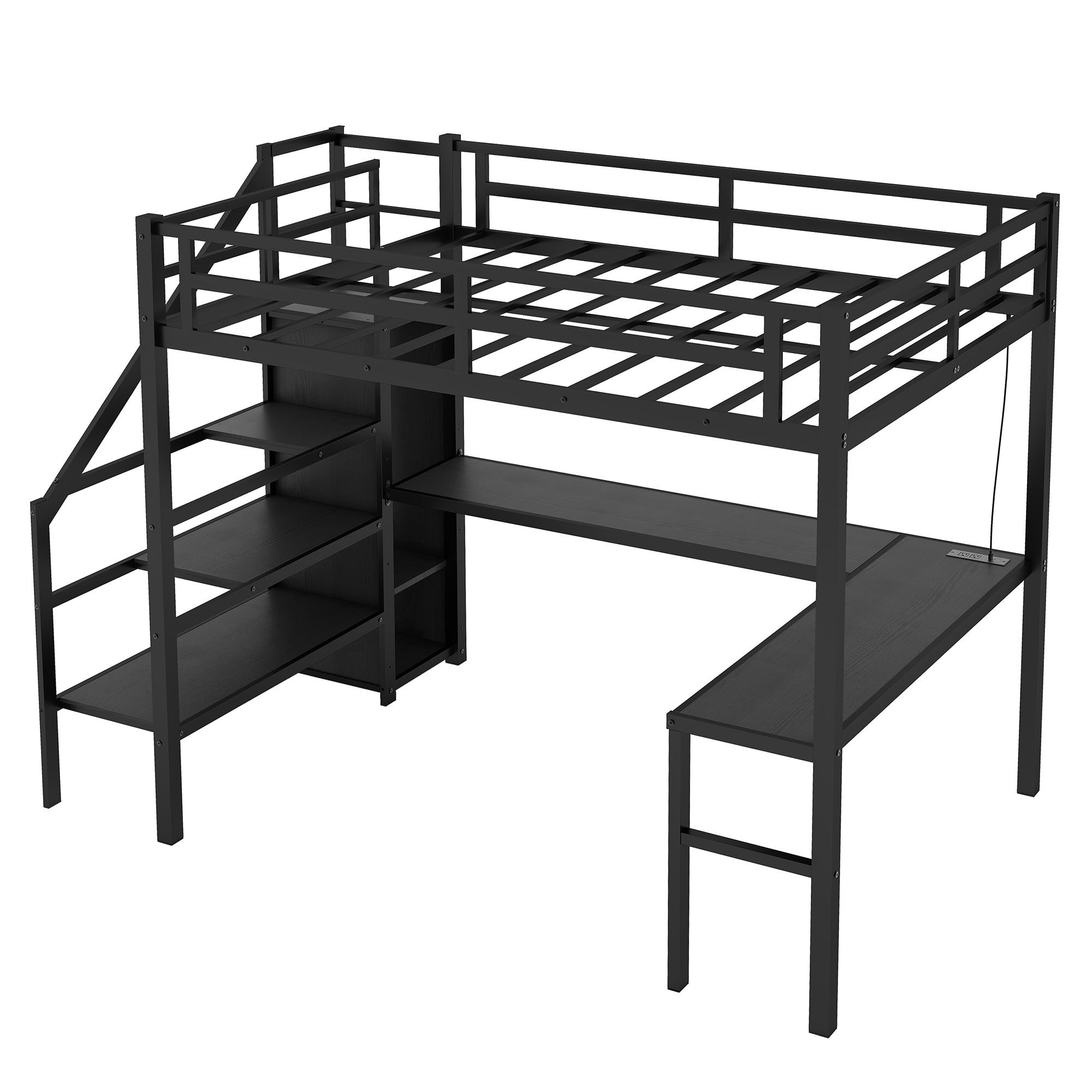 Full XL Size Loft Bed with L-shaped Desk and USB, Metal Loft Bed with Wardrobe and Adjustable Shelf, High Loft Bed with LED for Kids Teens Adults, Black(Expect Arrive 2024/10/10)