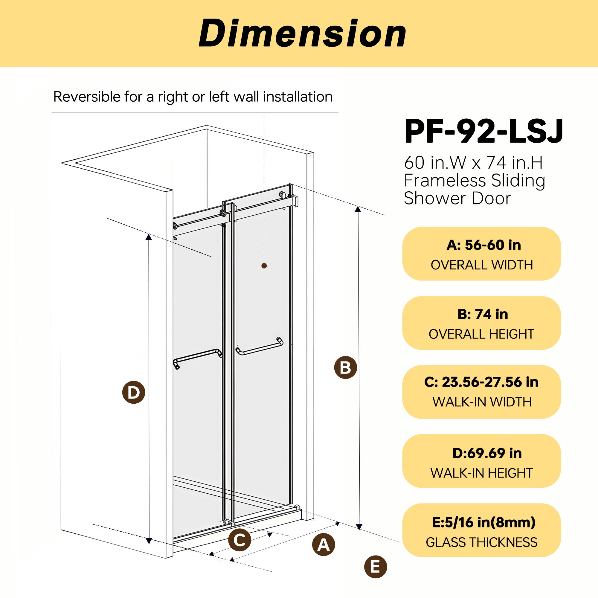 56-60 x 74 in Frameless Double Sliding Square-Tube Shower Door - 56-60 x 74 in / Brushed Gold / Square Tube view 5