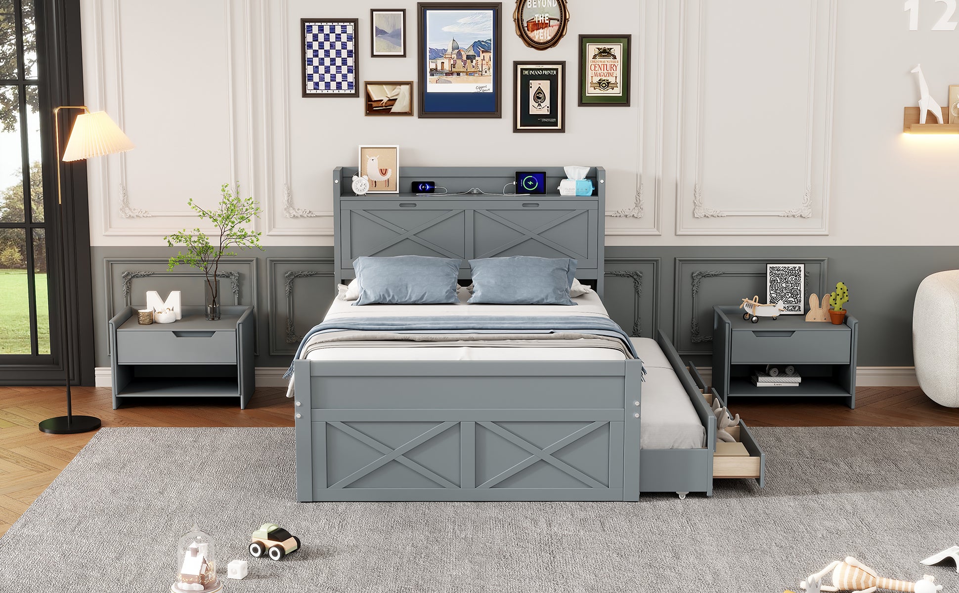 Full Size Wooden Bed with Storage Headboard with Outlets, Extendable Bed with Twin Size Trundle with Three Storage Drawers,Gray