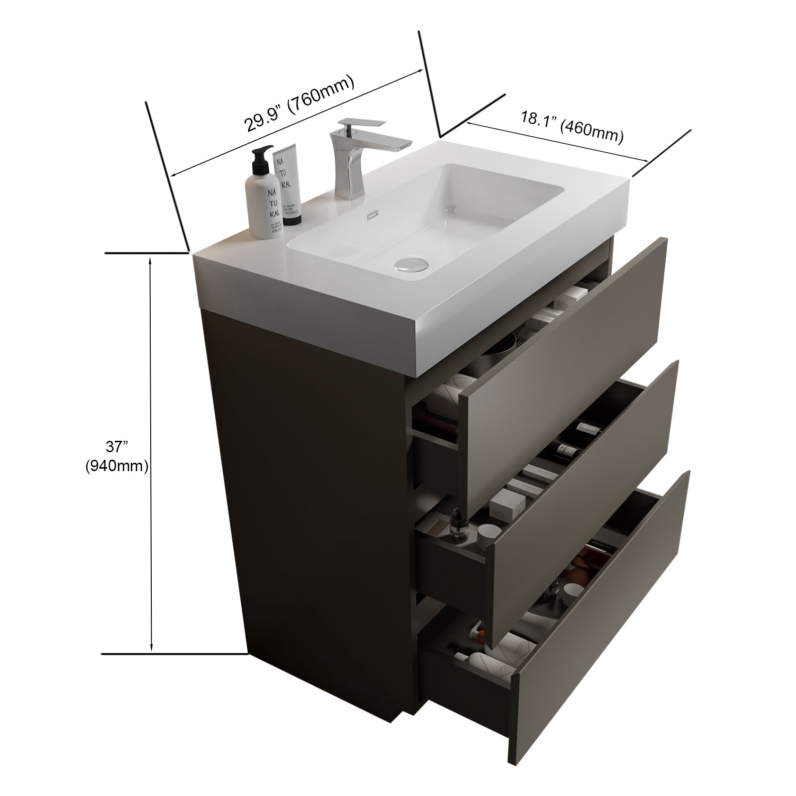 Alice 30" Gray Bathroom Vanity with Sink, Large Storage Freestanding Bathroom Vanity for Modern Bathroom, One-Piece White Sink Basin without Drain and Faucet, Pre-assembled