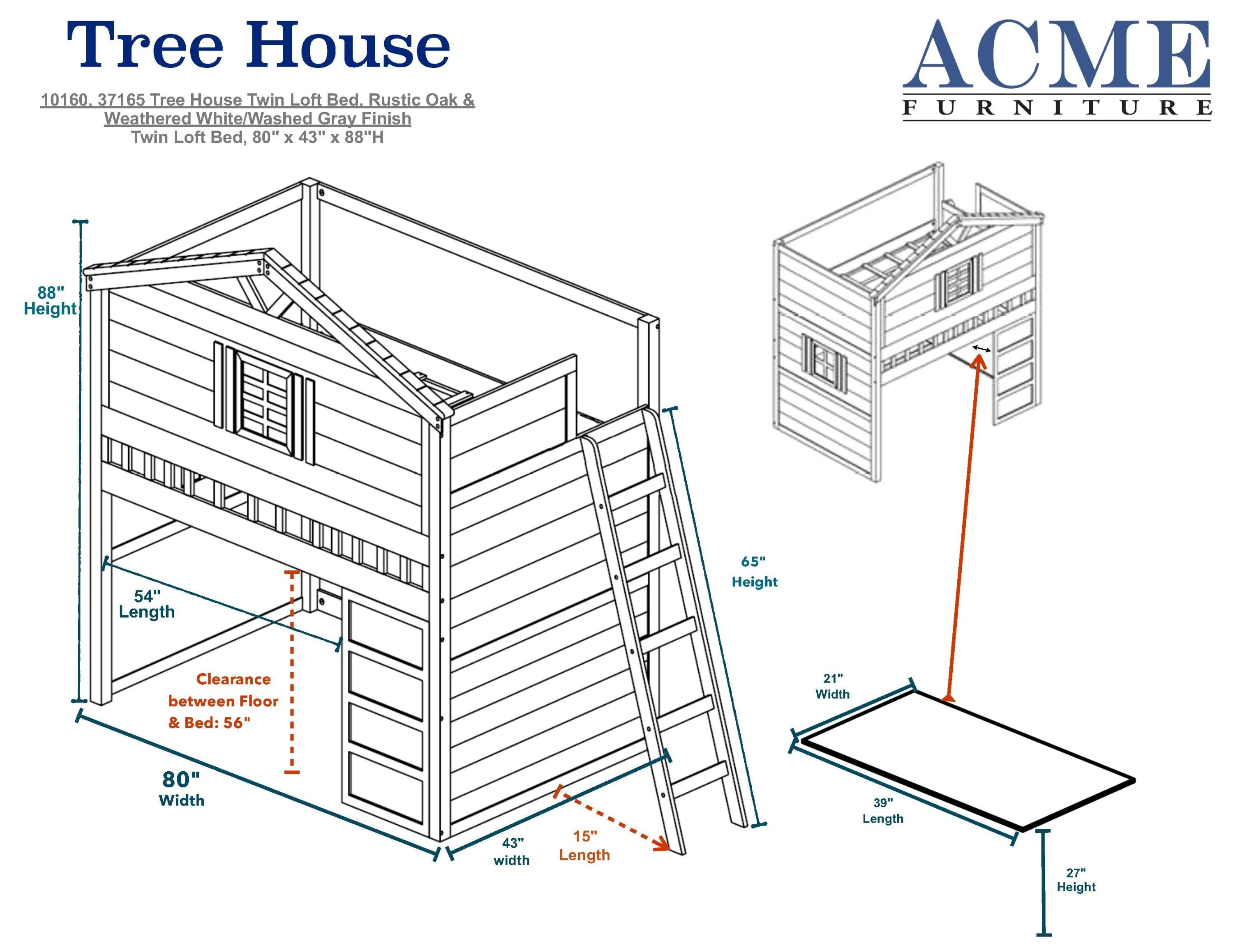 ACME Tree House Loft Bed (Twin Size) in Weathered White & Washed Gray 37165