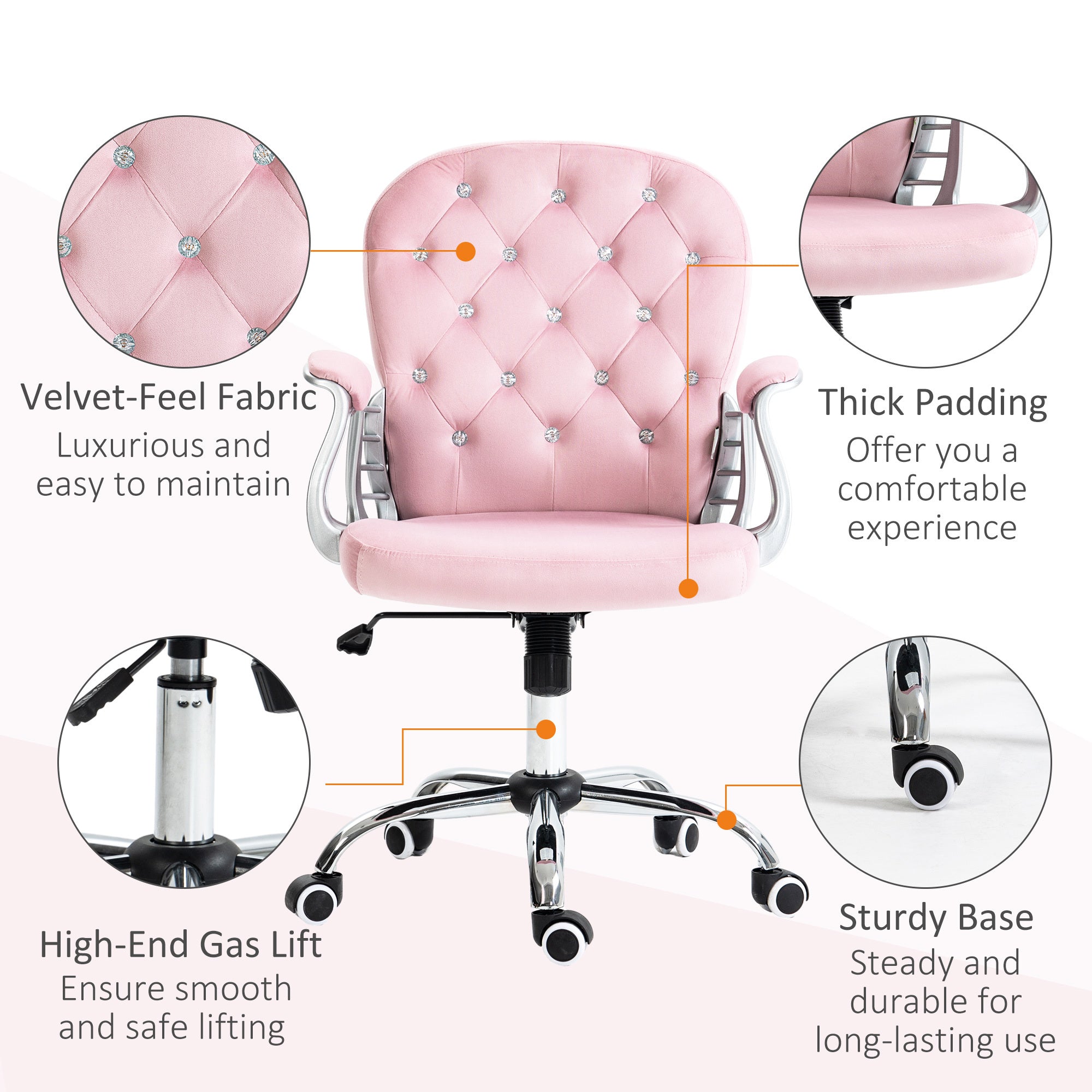 Vinsetto Velvet Home Office Chair, Button Tufted Desk Chair with Padded Armrests, Adjustable Height and Swivel Wheels, Pink