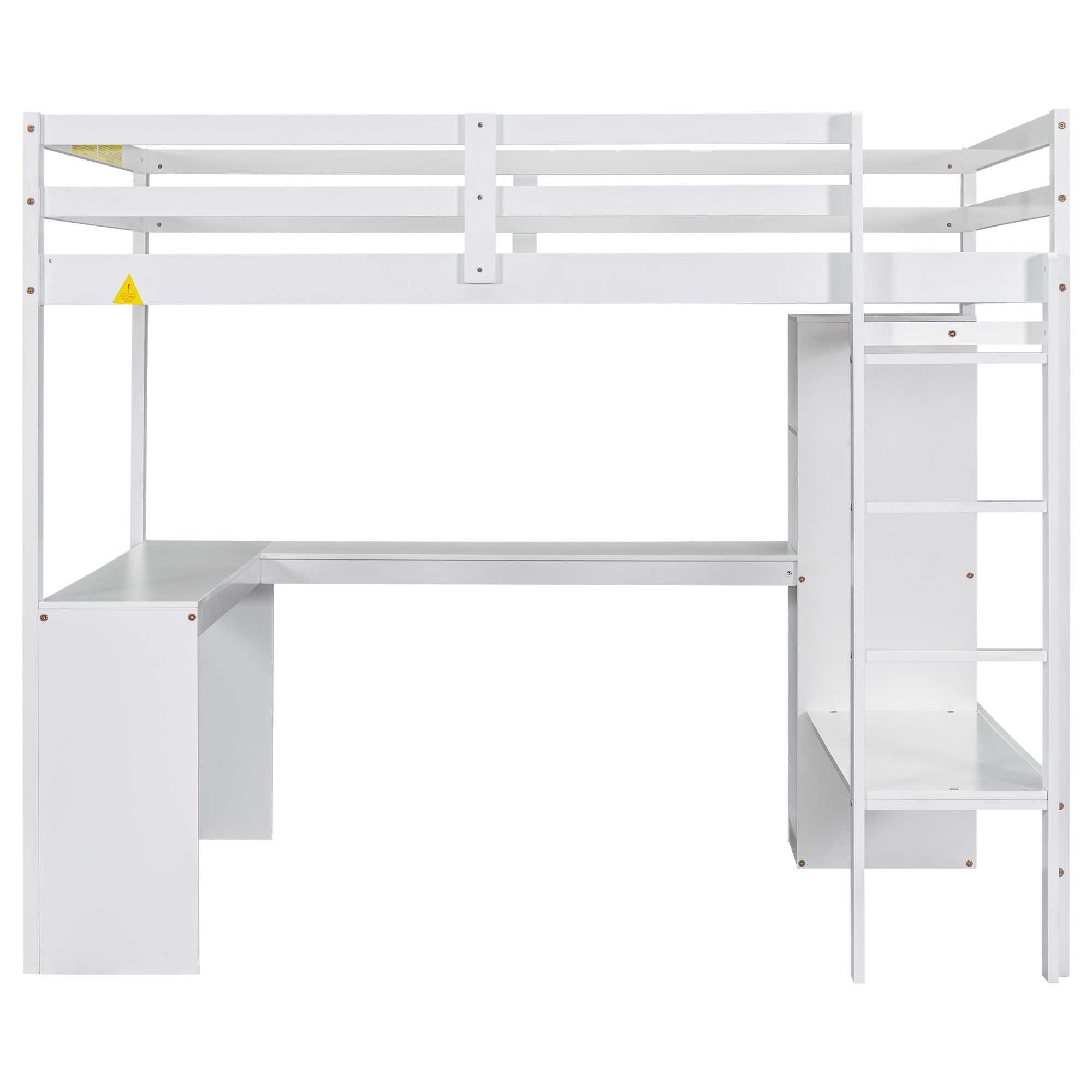 Full Size Loft Bed with L-shaped Desk, Wardrobe and Storage Shelves, White