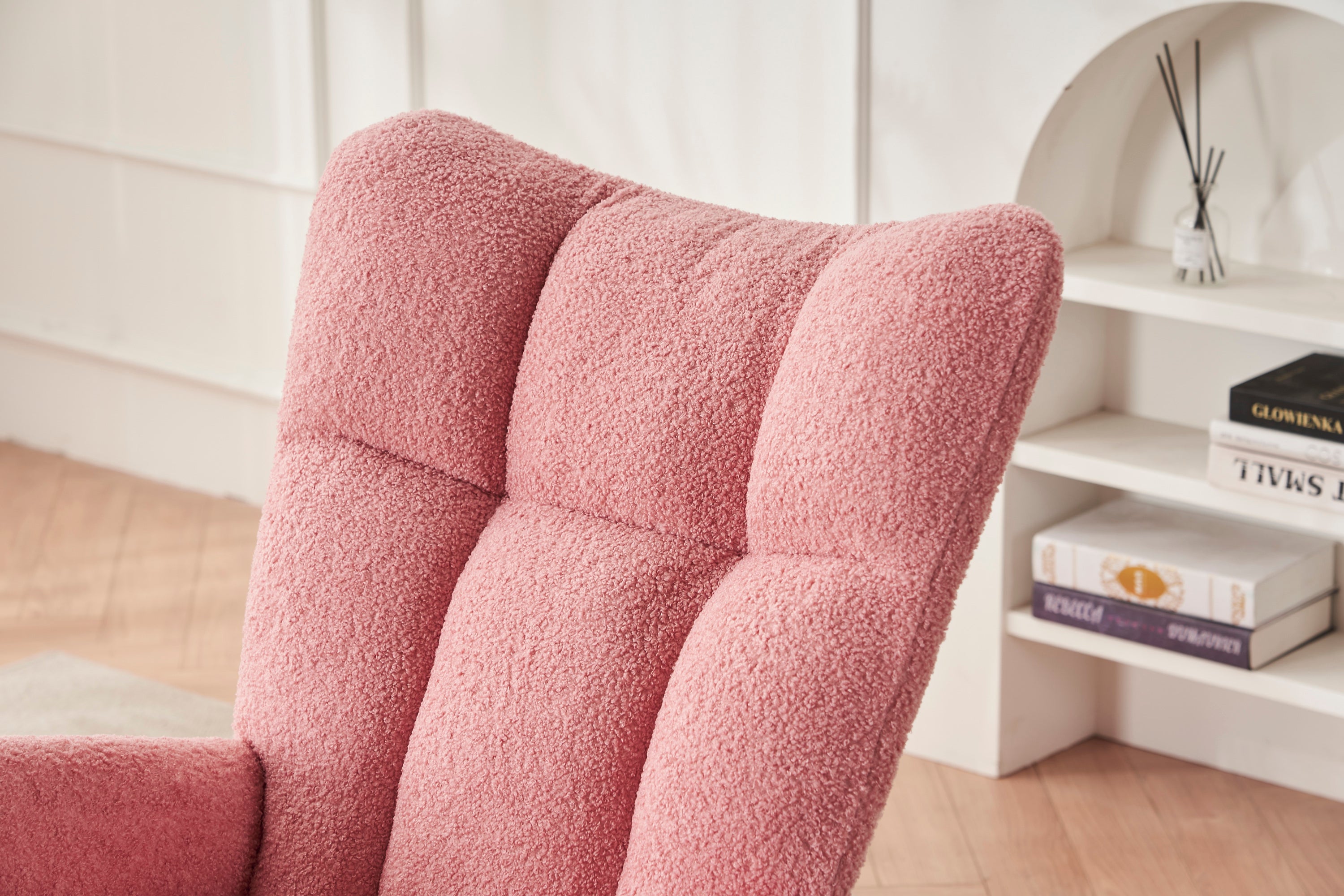 Rocking Chair Nursery, Solid Wood Legs Reading Chair withTeddy Fabric Upholstered, Nap Armchair for Living Rooms, Bedrooms, Offices, Best Gift,Pink Teddy fabric