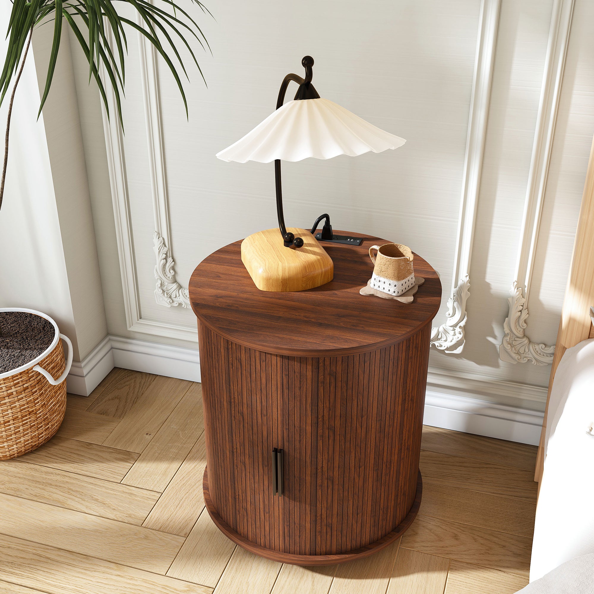 Walnut round end table with charging station in living room setting