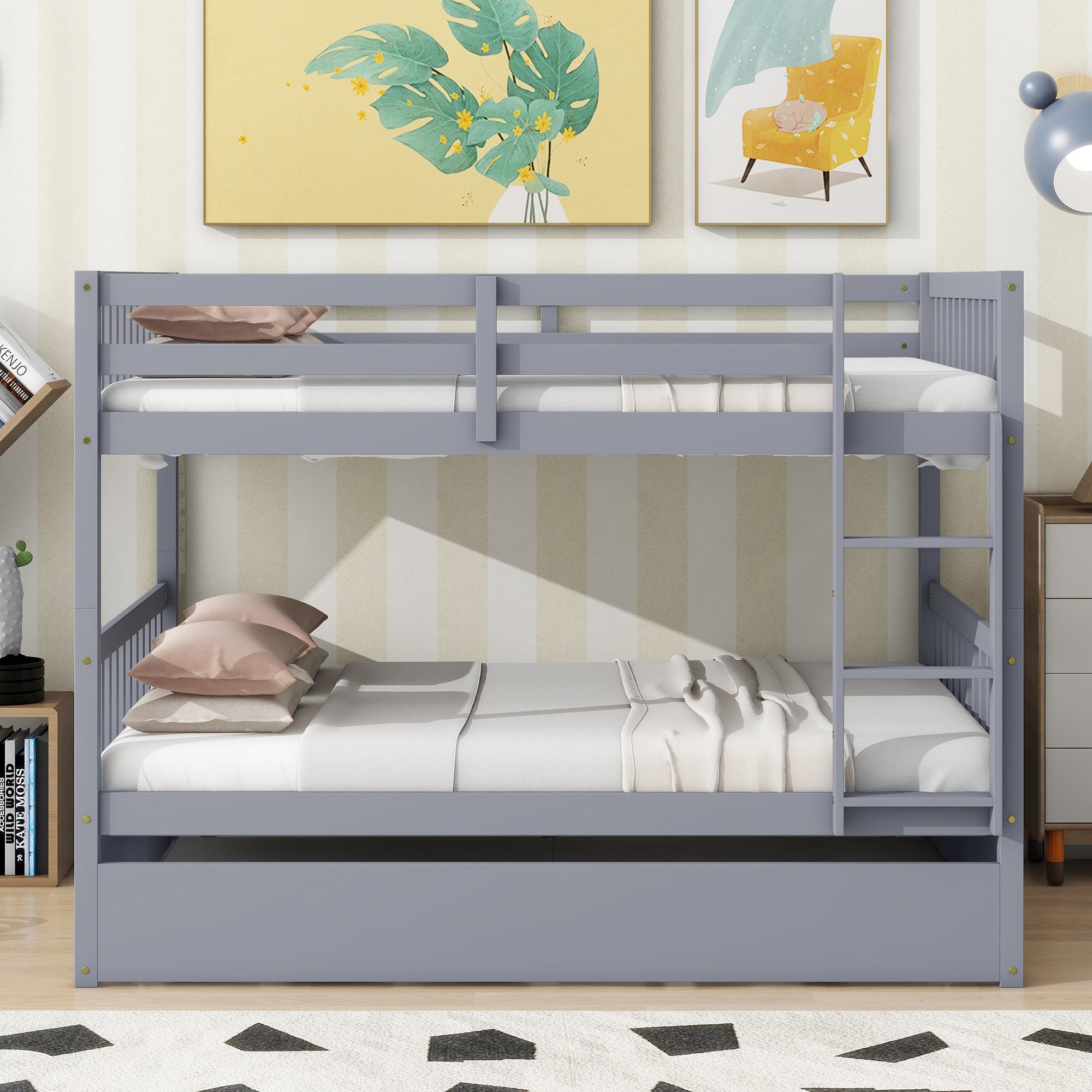 Grey full over full bunk bed guardrail and ladder detail