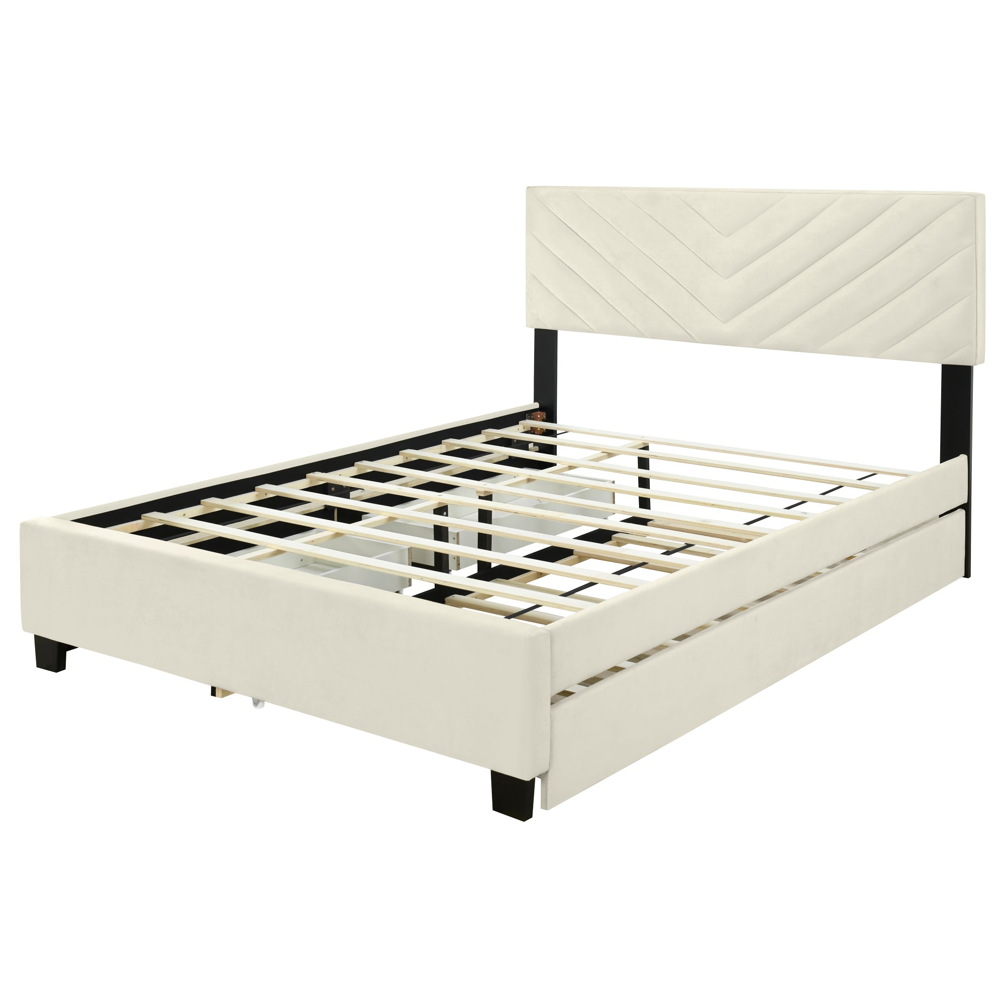 Queen Size Upholstered Platform Bed with Twill Headboard, Pullout Bed and Two Drawers, Flannel, Beige