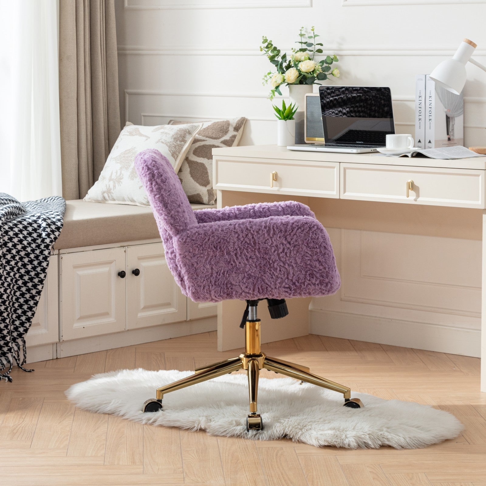 A&A Furniture Office Chair,Artificial rabbit hair Home Office Chair with Golden Metal Base,Adjustable Desk Chair Swivel Office Chair,Vanity Chair(Violet)