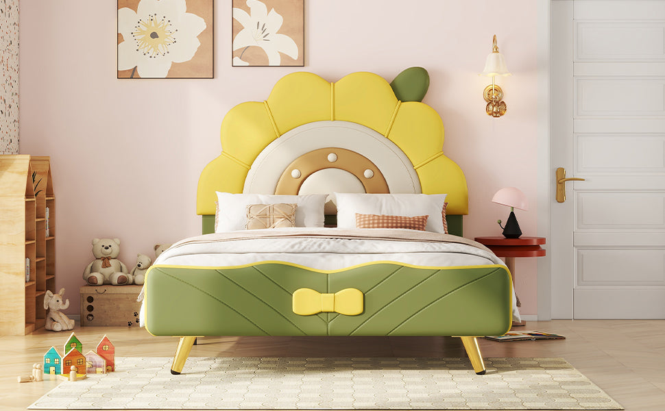 Twin Size Upholstered Platform Bed with Sunflower Shaped Headboard, Green