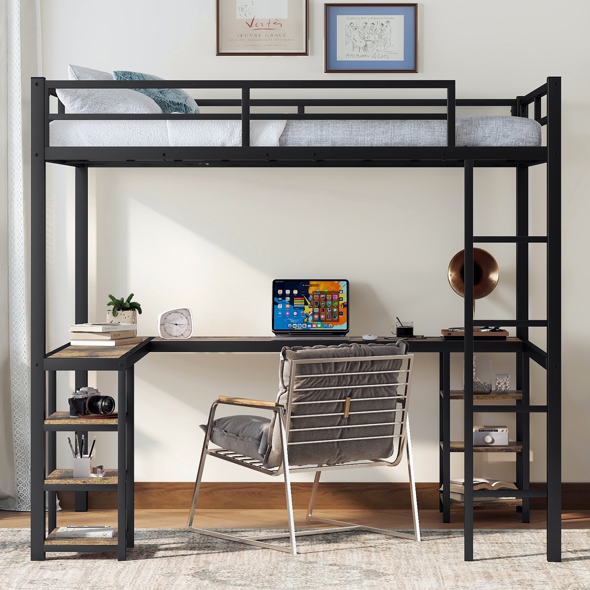 Full Metal Loft Bed with Desk and Shelves, Loft Bed with Ladder and Guardrails, Loft Bed Frame for Bedroom, Black with Vintage Wood-colored desk