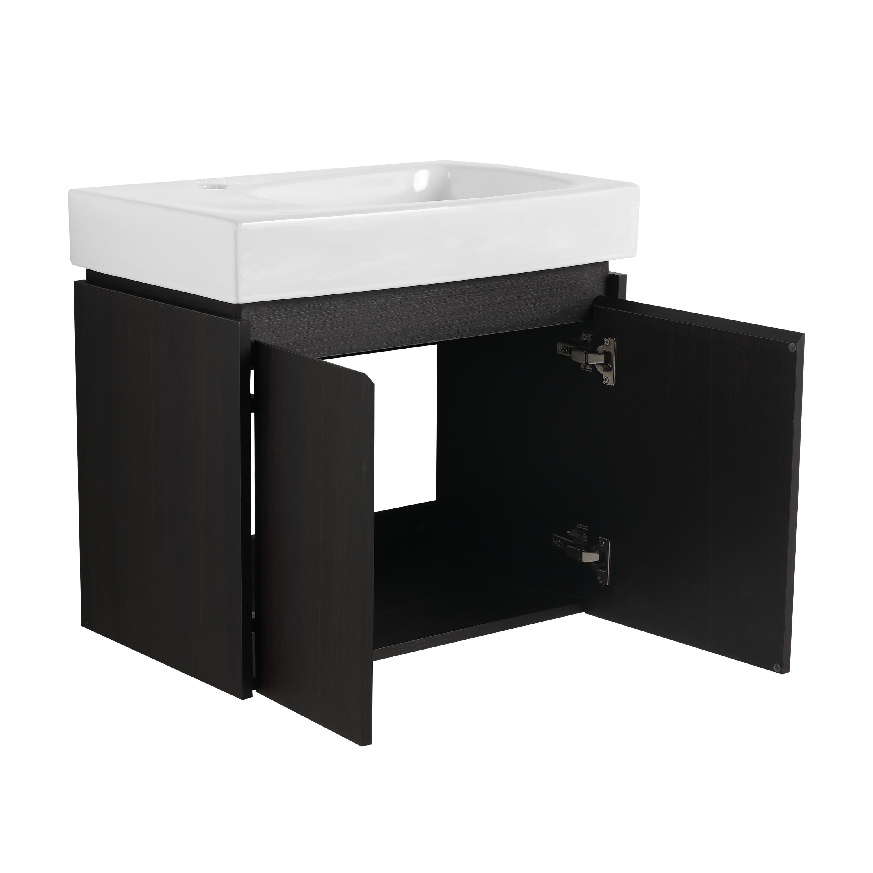 24 Inch Bathroom Vanity with Ceramic Basin, Wall Mounted Floating Vanity Sink Combo, Wooden Storage Cabinet with Double Doors for Bathroom,Black