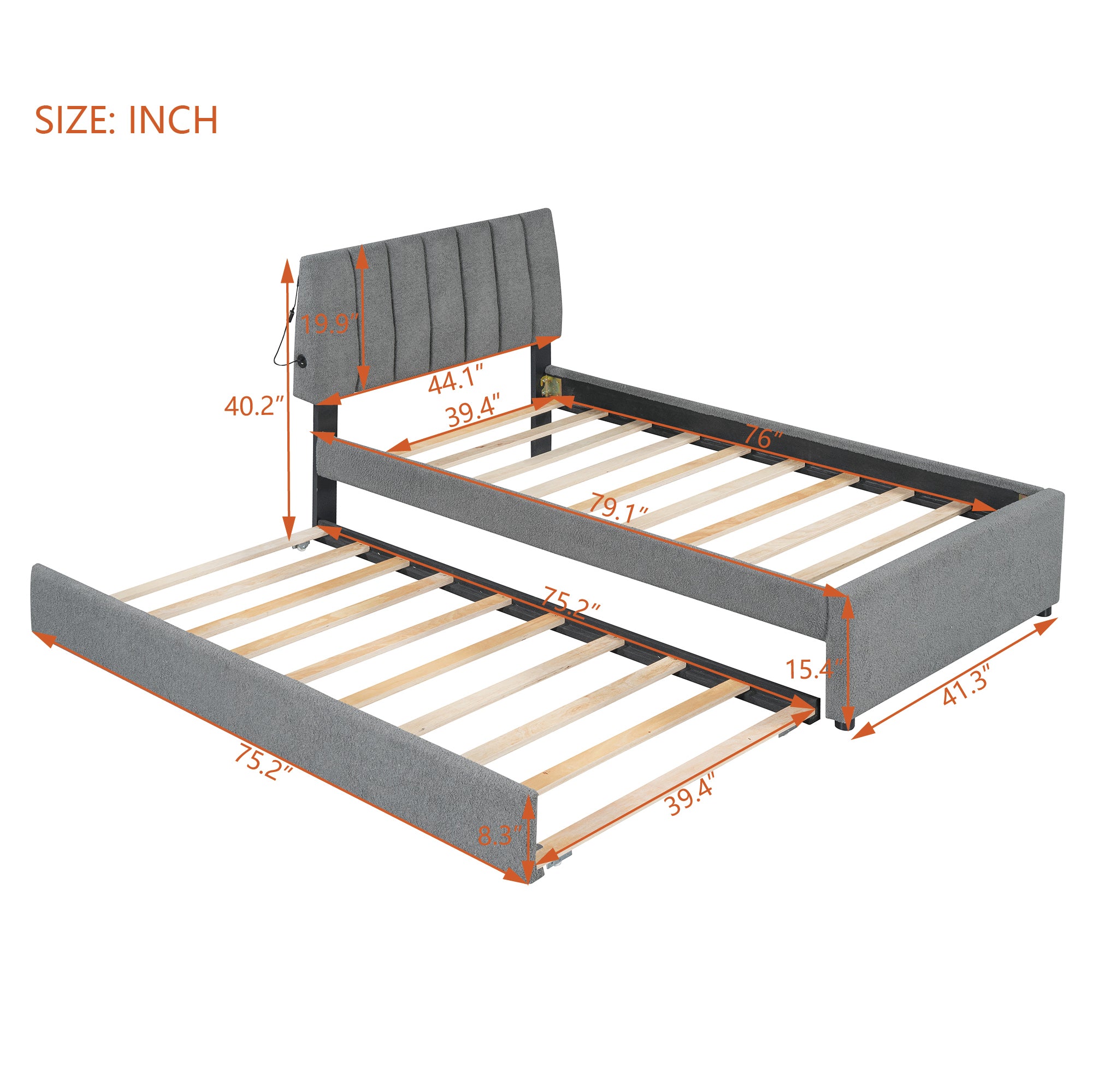 Teddy Fleece Twin Size Upholstered Platform Bed with Trundle, Gray