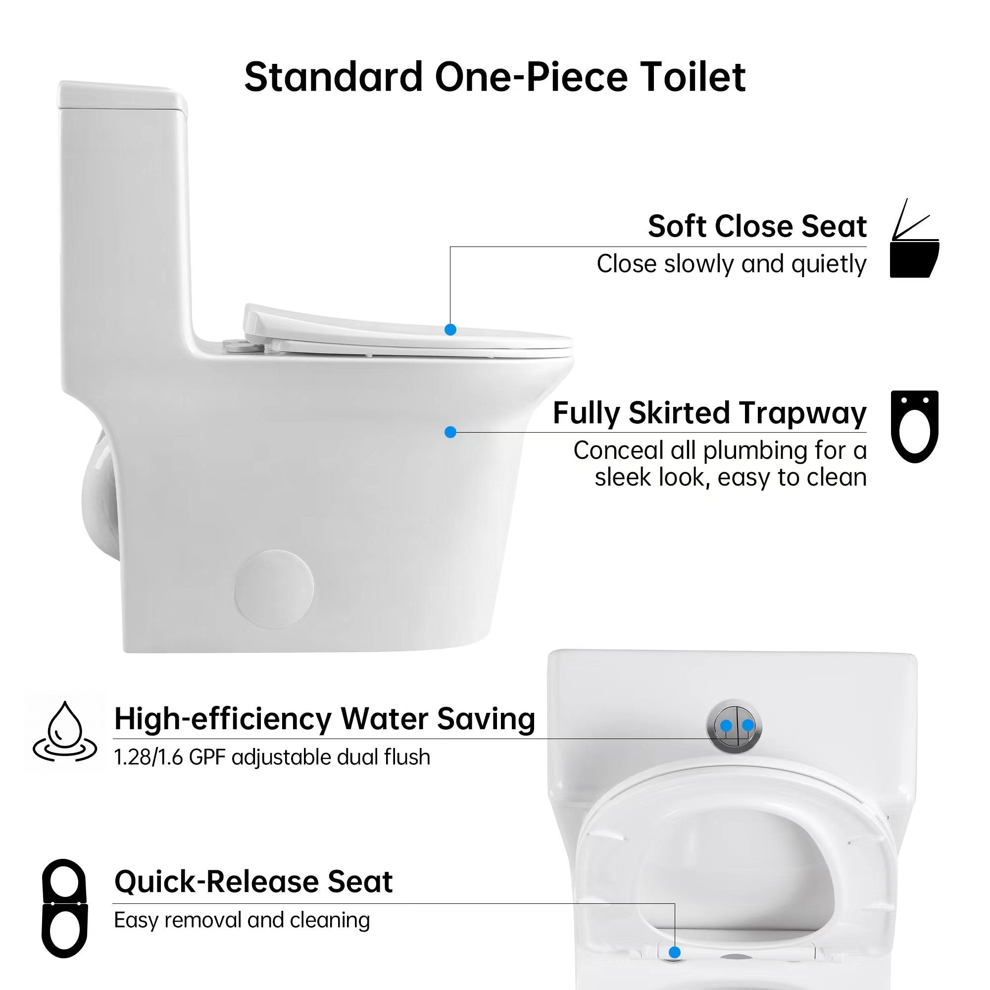 1.1/1.6 GPF Elongated Comfort Height Super Quite Flushing Floor Mounted One-Piece Toilet, CUPC Certified, WaterSense Cetified, Ceramic, White Color, Soft Close Seat