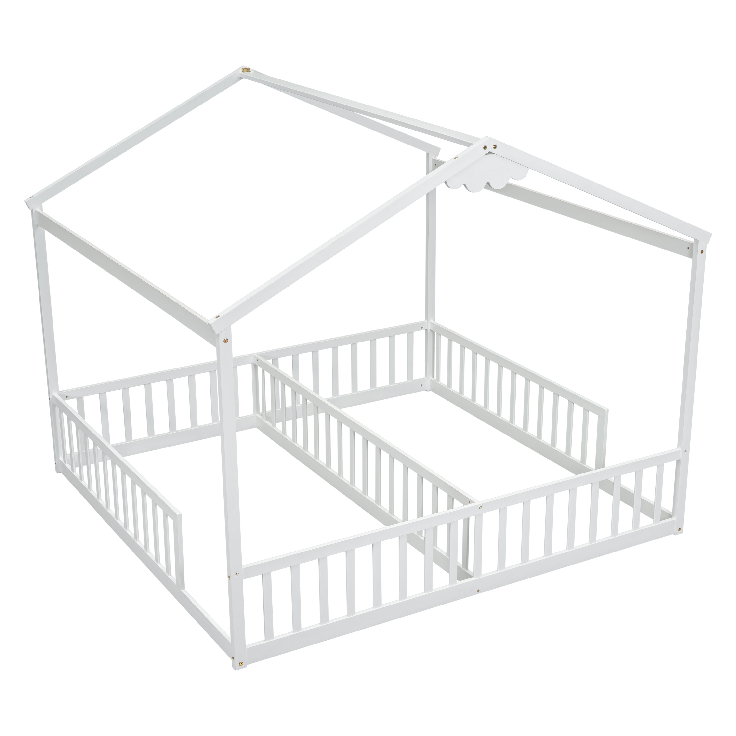 Double Twin House-Style Floor Bed with Fence, Guardrails, without door, White