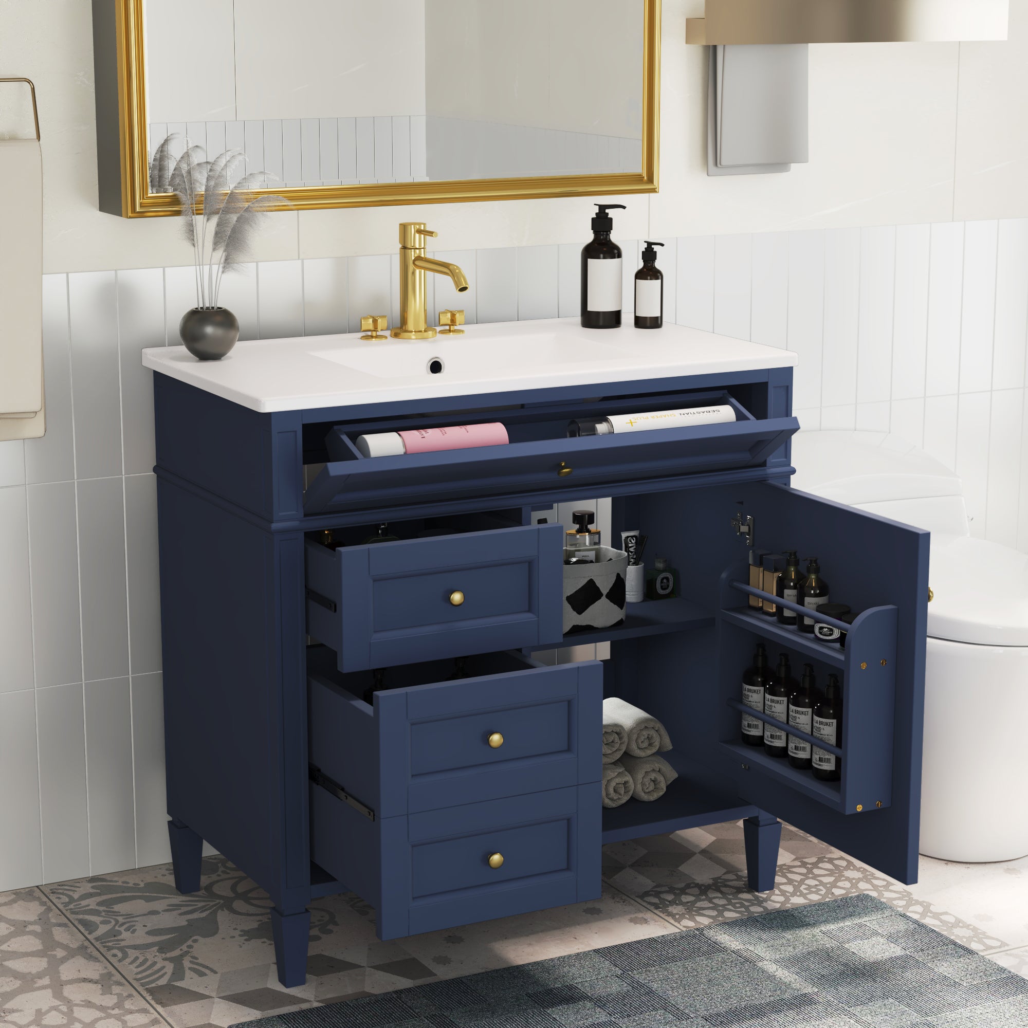 36 inch single-sink bathroom vanity showing 2 drawers, side view