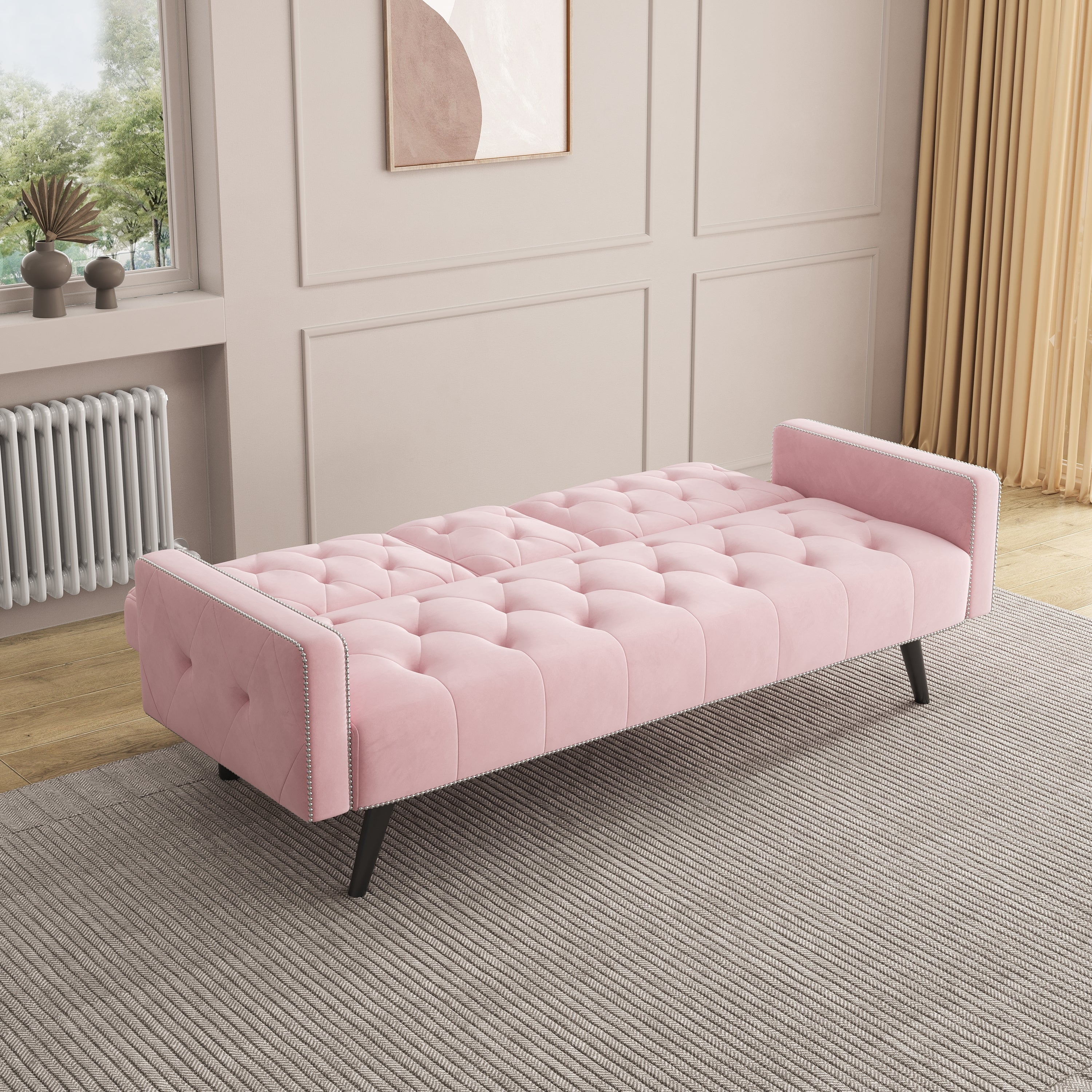 1730 Sofa Bed Armrest with Nail Head Trim with Two Cup Holders 72" Pink Velvet Sofa for Small Spaces