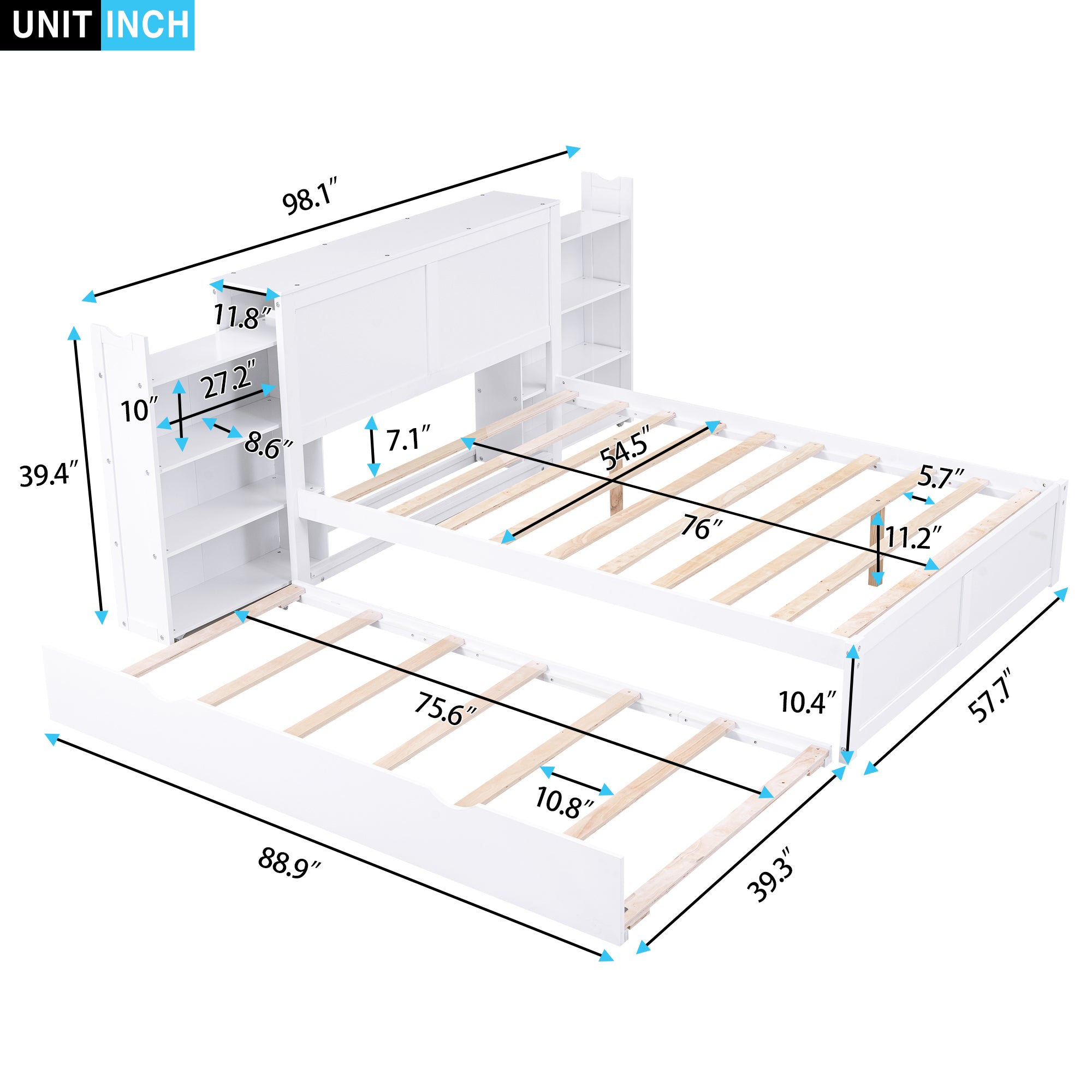 Full Size Storage Platform Bed with Pull Out Shelves and Twin Size Trundle, White