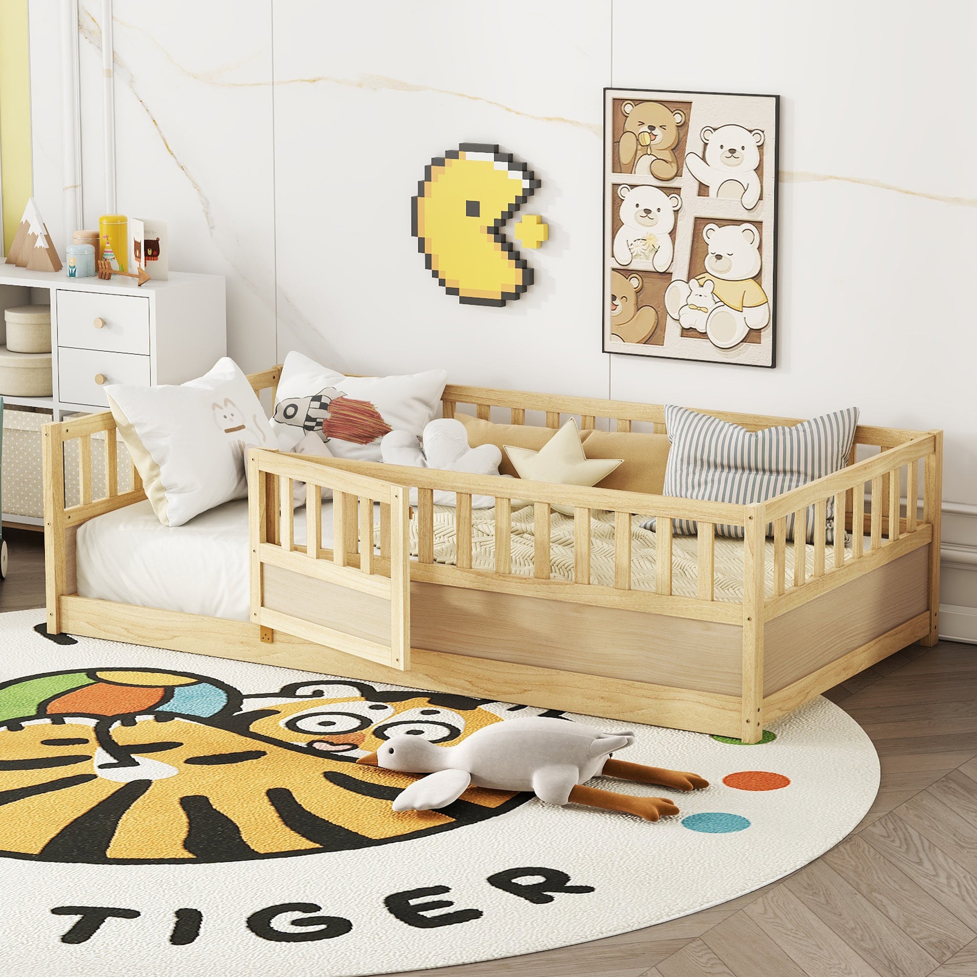 Twin Size Floor bed, integral construction with super high security barrier, door, children's floor bed frame, Montessori wooden children's floor bed, Support  slat Natural Wood