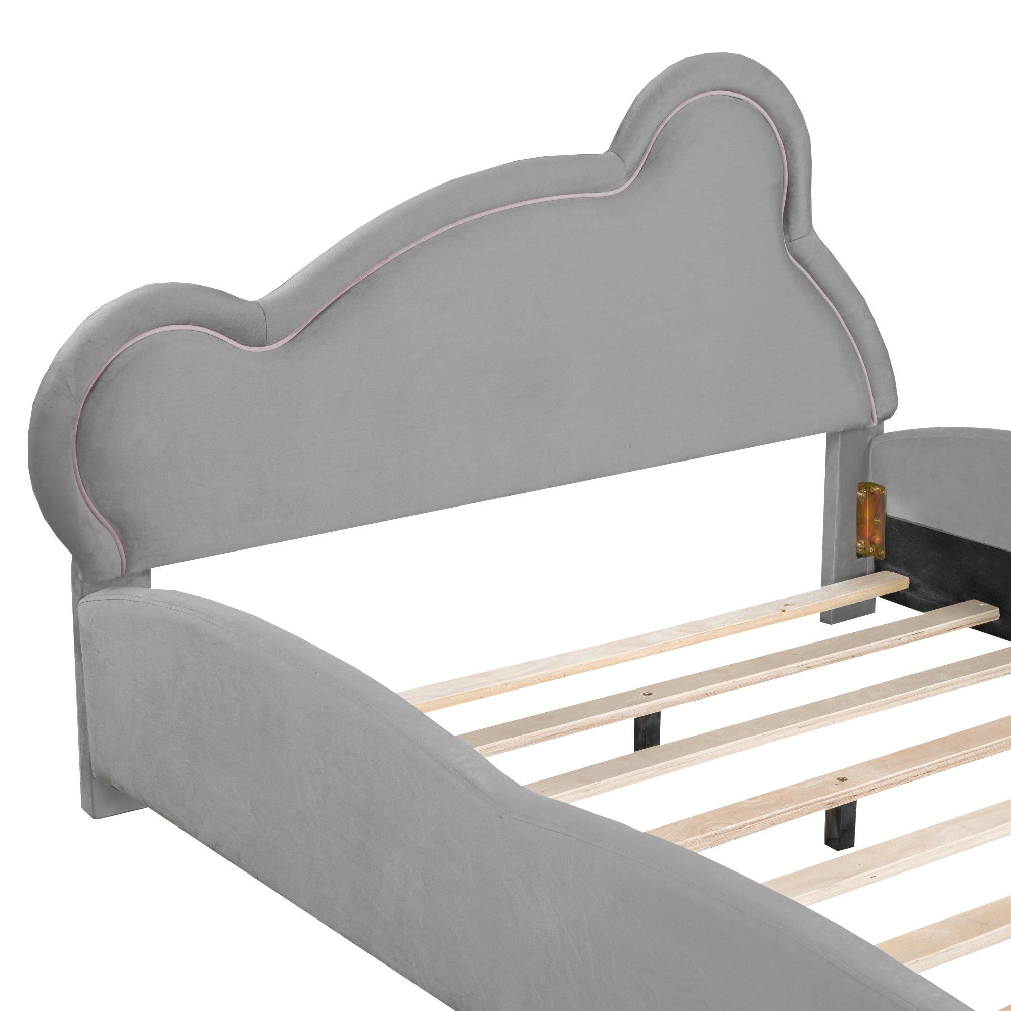 Full Size Velvet Platform Bed with Bear-Shaped Headboard, with Bed-End Storage Pocket, Gray